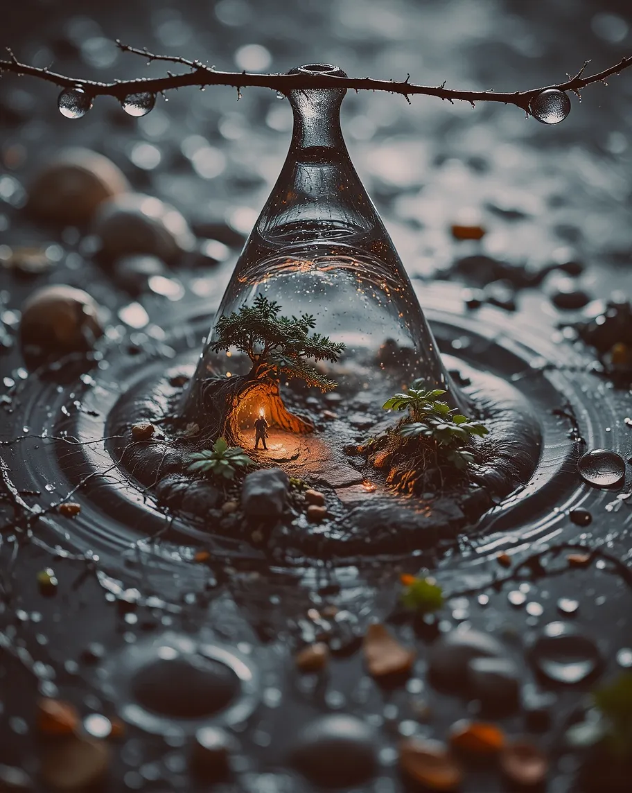 There are many single water drops  and each water drop has it own highly detailed mini world within filled with alien creatures walking on pathwsys