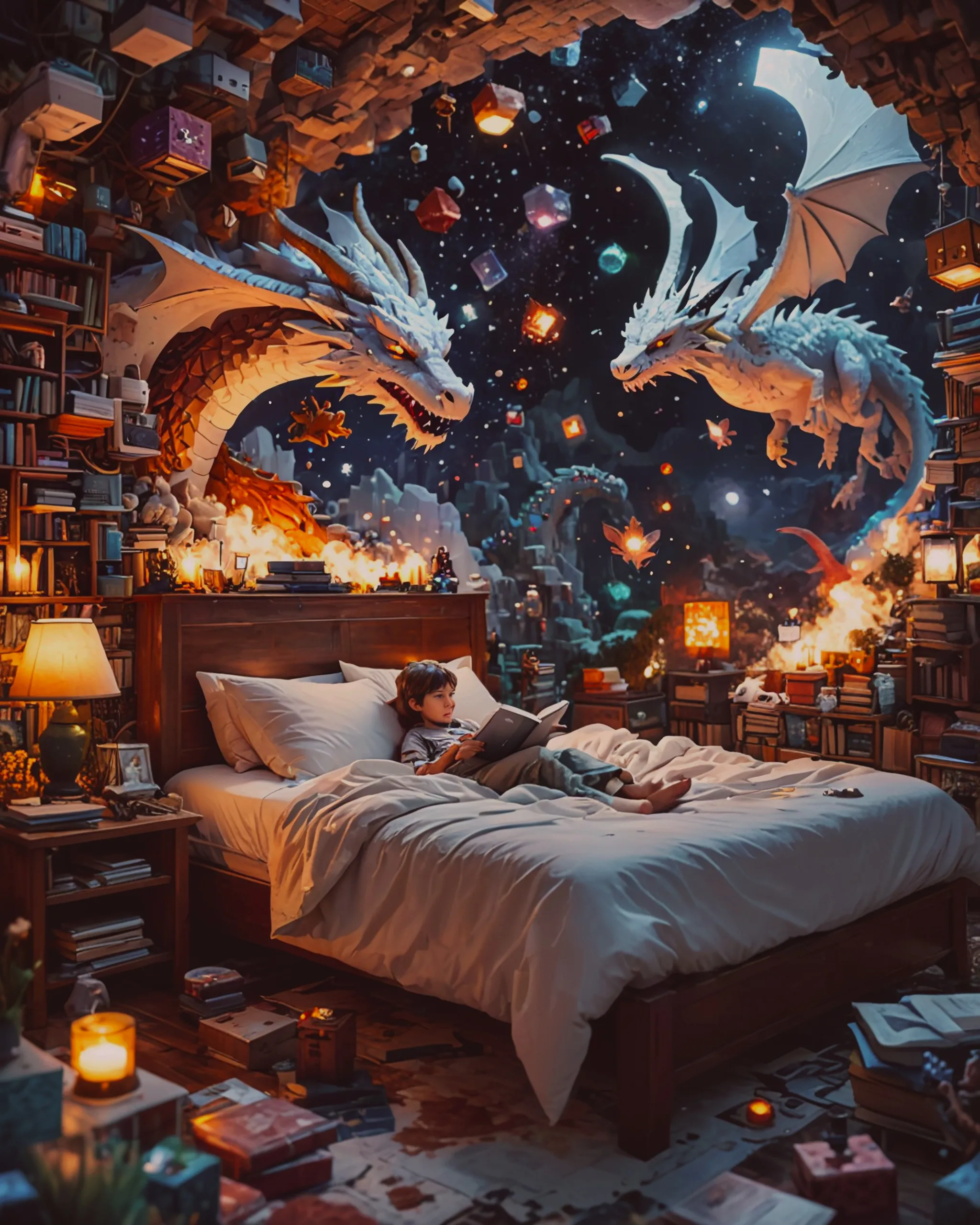 A white bed with a sleeping child floats in outer space. Dragons, cats, books, pixelated characters from the game Minecraft, and fairy tale creatures are flying around in space. 