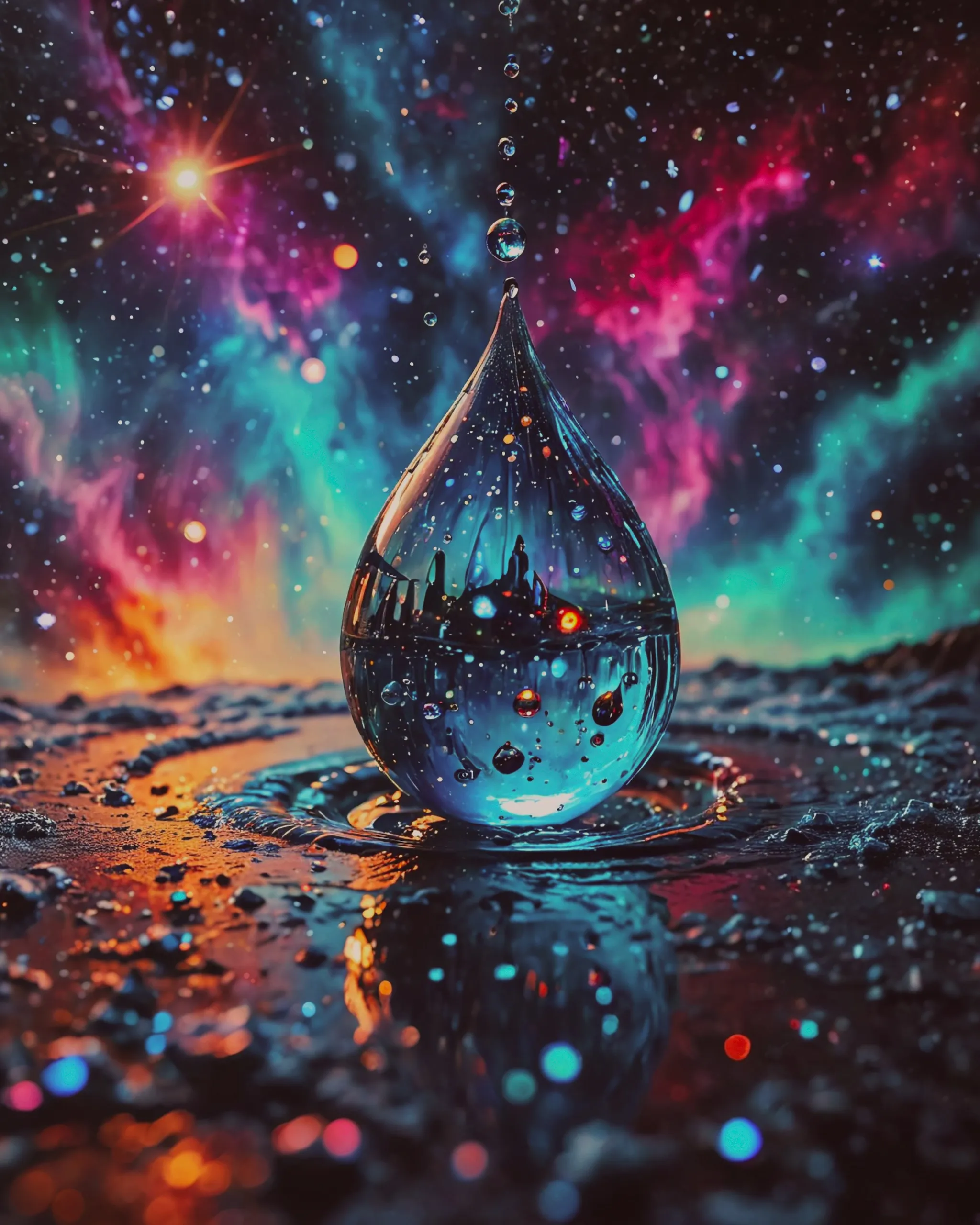 Magical, high definition, rain droplet with ocean inside, universe nebula