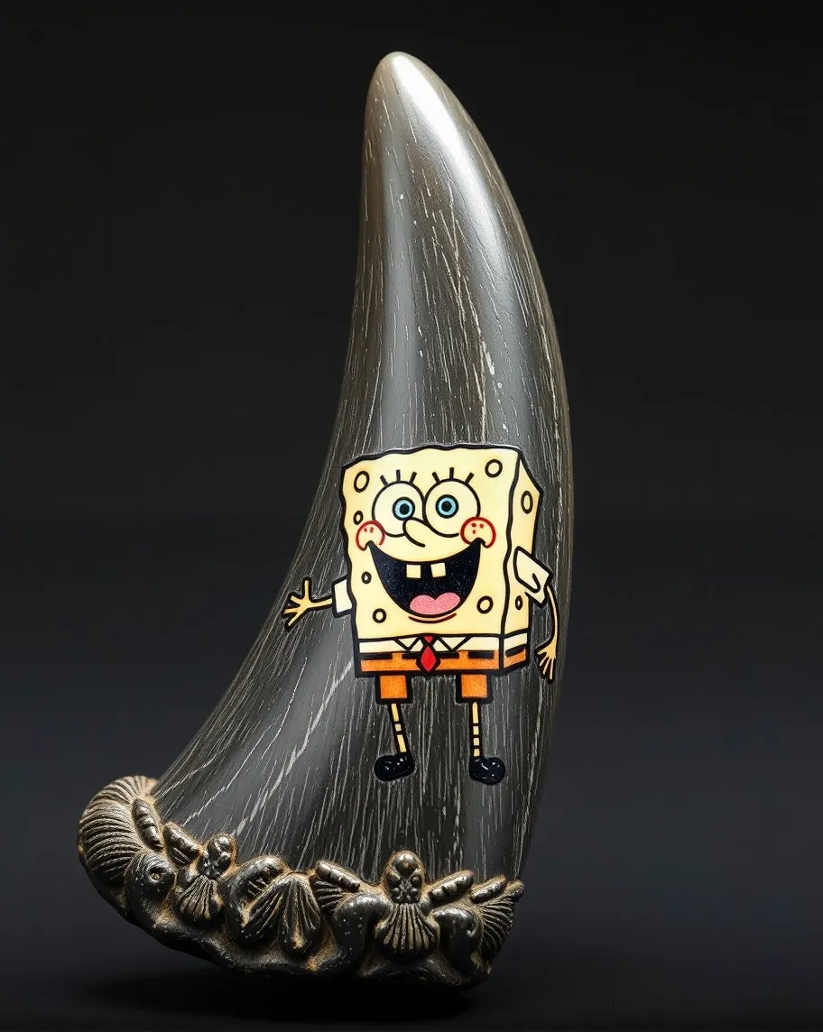 A piece of whale tooth scrimshaw with Sponge Bob Squarepants