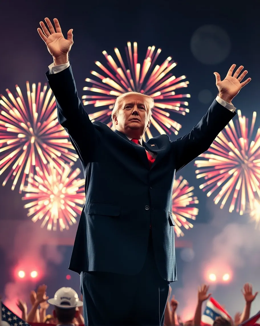 Donald Trump is at the center of the image, with his arms up in the air celebrating victory and fireworks in the background. No bad anatomy