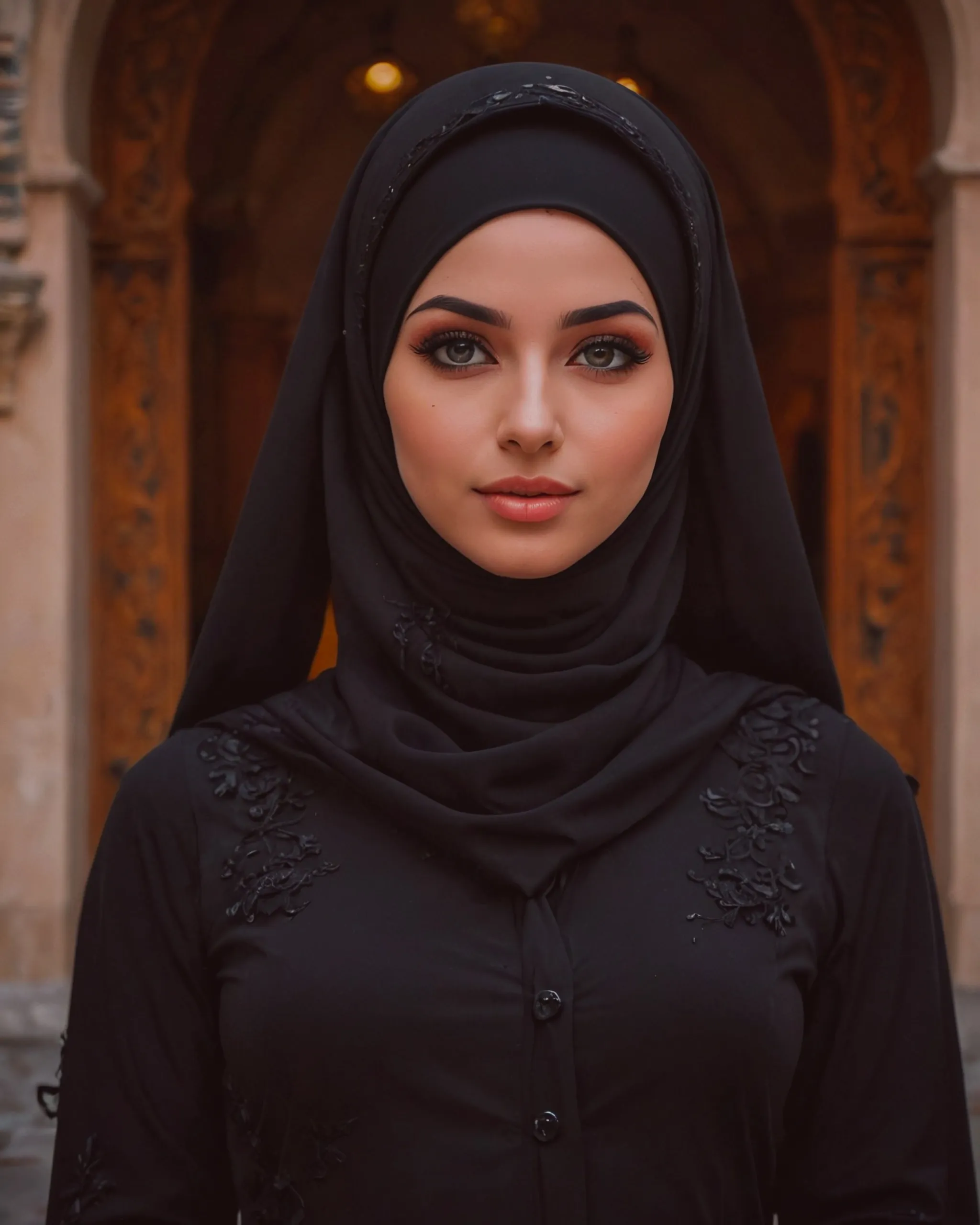 Beautiful girl wearing a black hijab with hijab over the head and black Abaya 