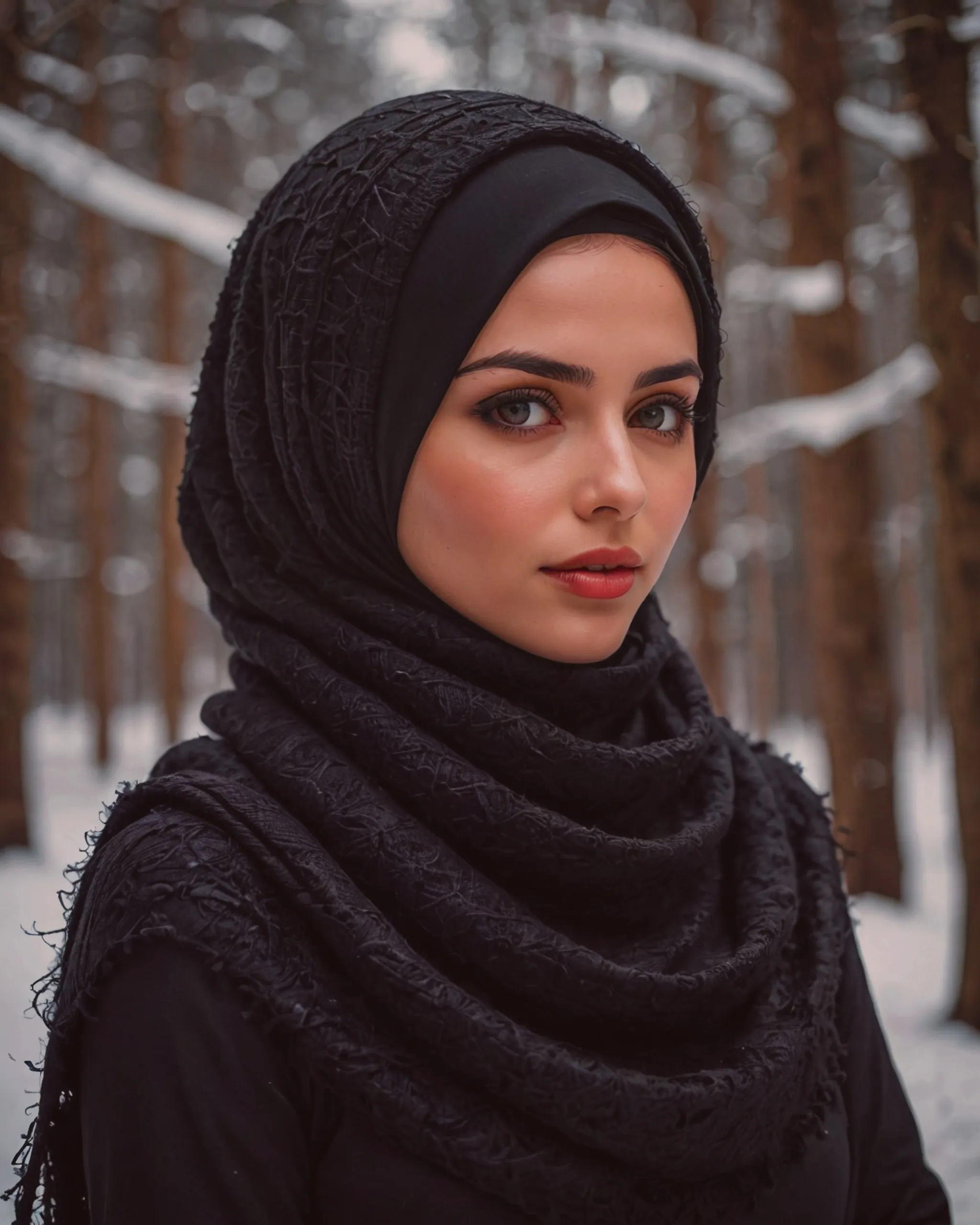 Beautiful girl wearing a black hijab over the head and covering the neck with gorgeous black keffiyeh scarf and wearing a beautiful black woolen sweater for the winter 