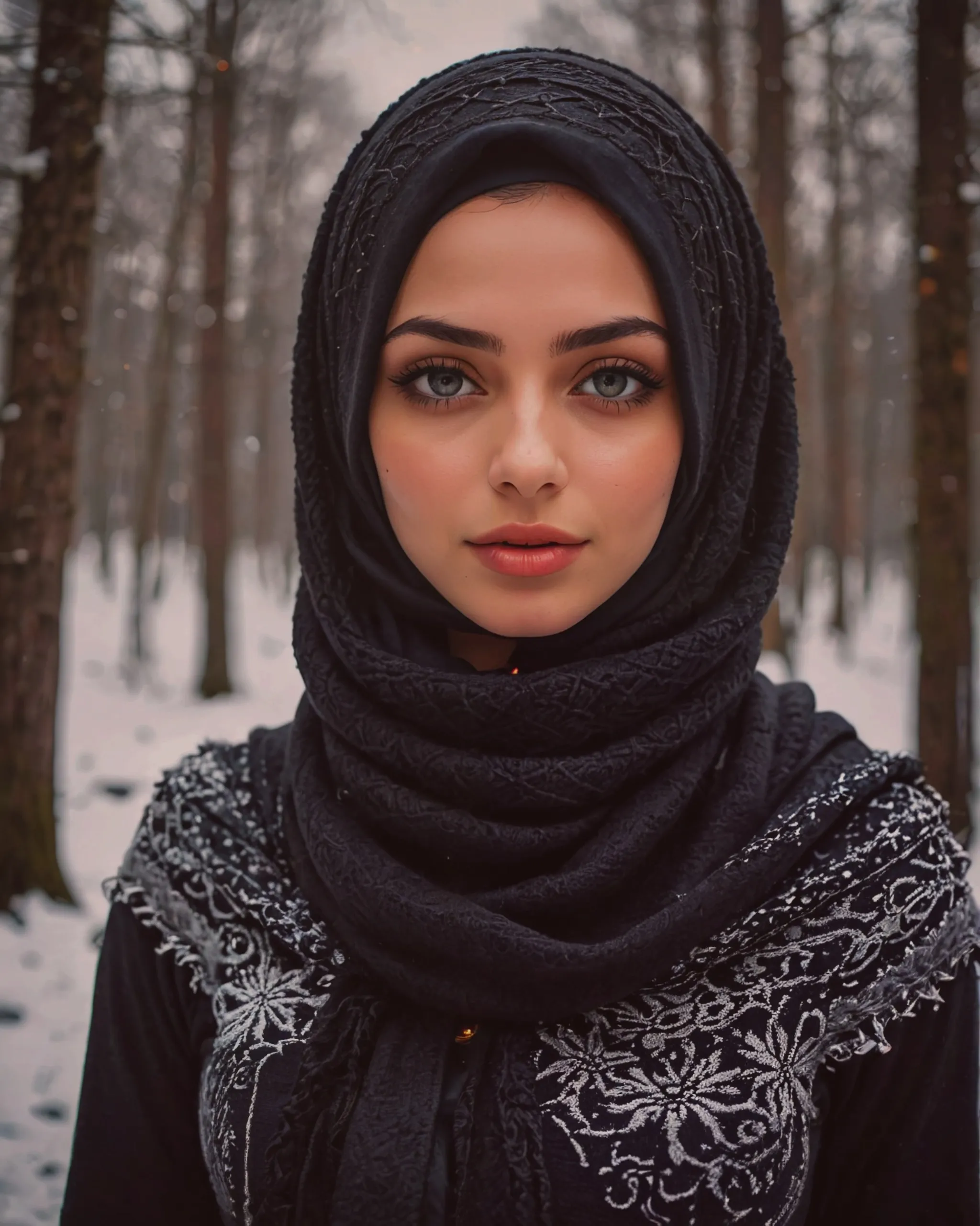 Beautiful girl wearing a black hijab over the head and covering the neck with gorgeous black keffiyeh scarf and wearing a beautiful black woolen sweater for the winter 