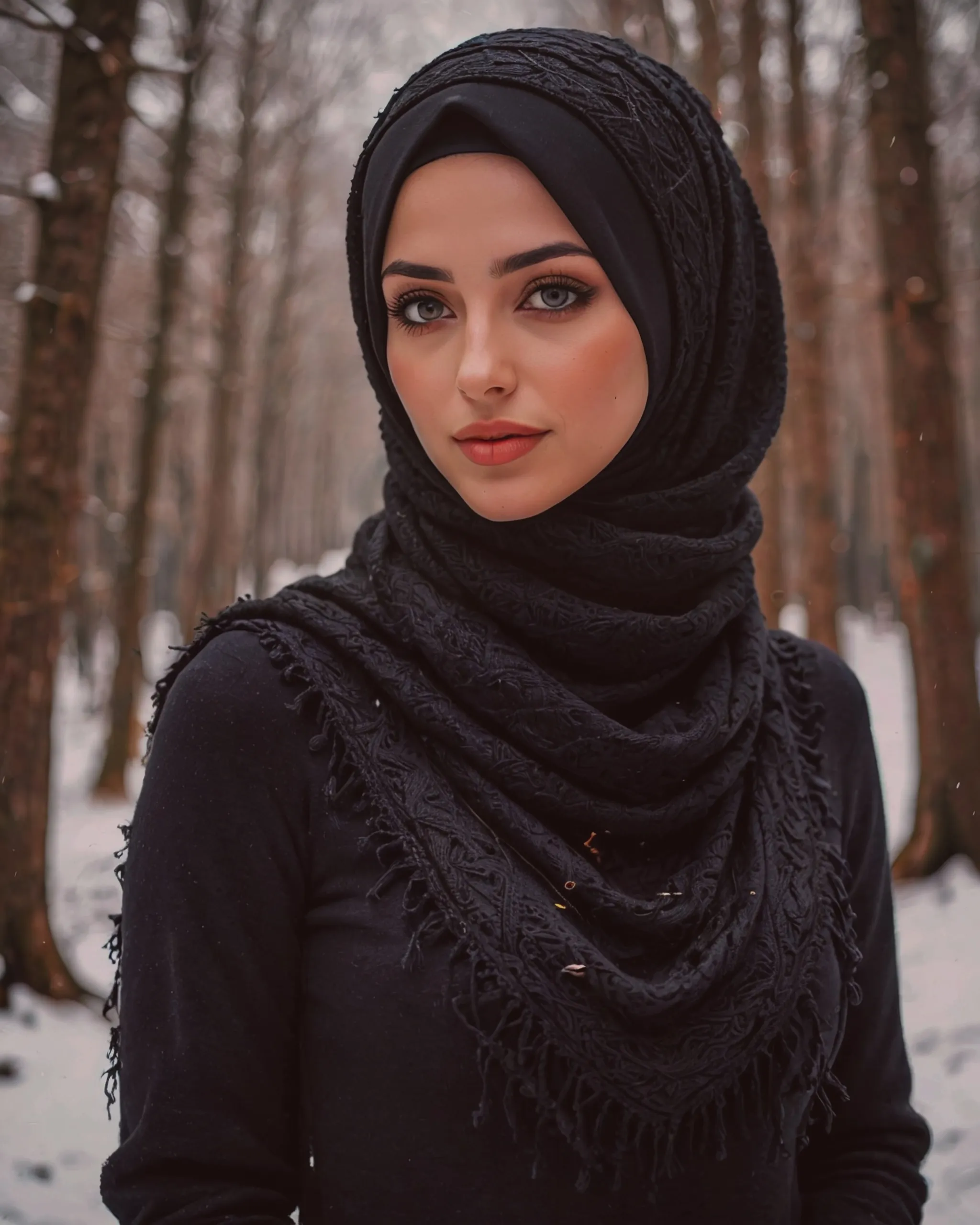 Beautiful girl wearing a black hijab over the head and covering the neck with gorgeous black keffiyeh scarf and wearing a beautiful black woolen sweater for the winter 