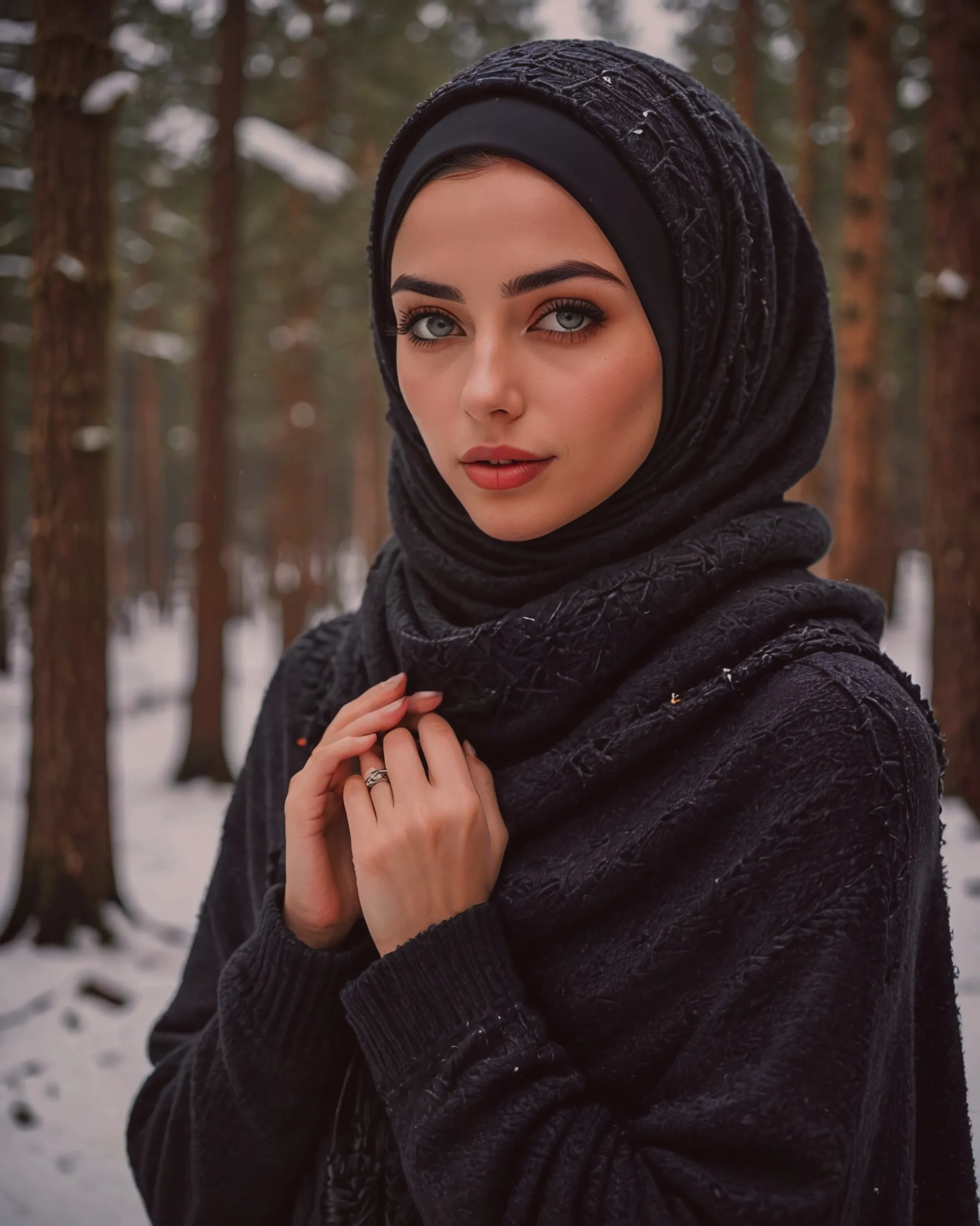 Beautiful girl wearing a black hijab over the head and covering the neck with gorgeous black keffiyeh scarf and wearing a beautiful black woolen sweater for the winter 