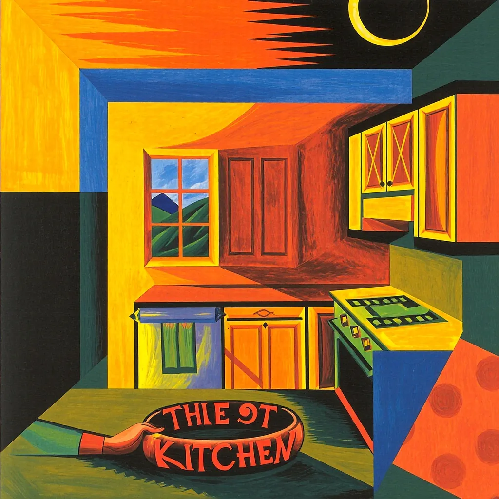 A inside view of a kitchen., surrealism, cubism