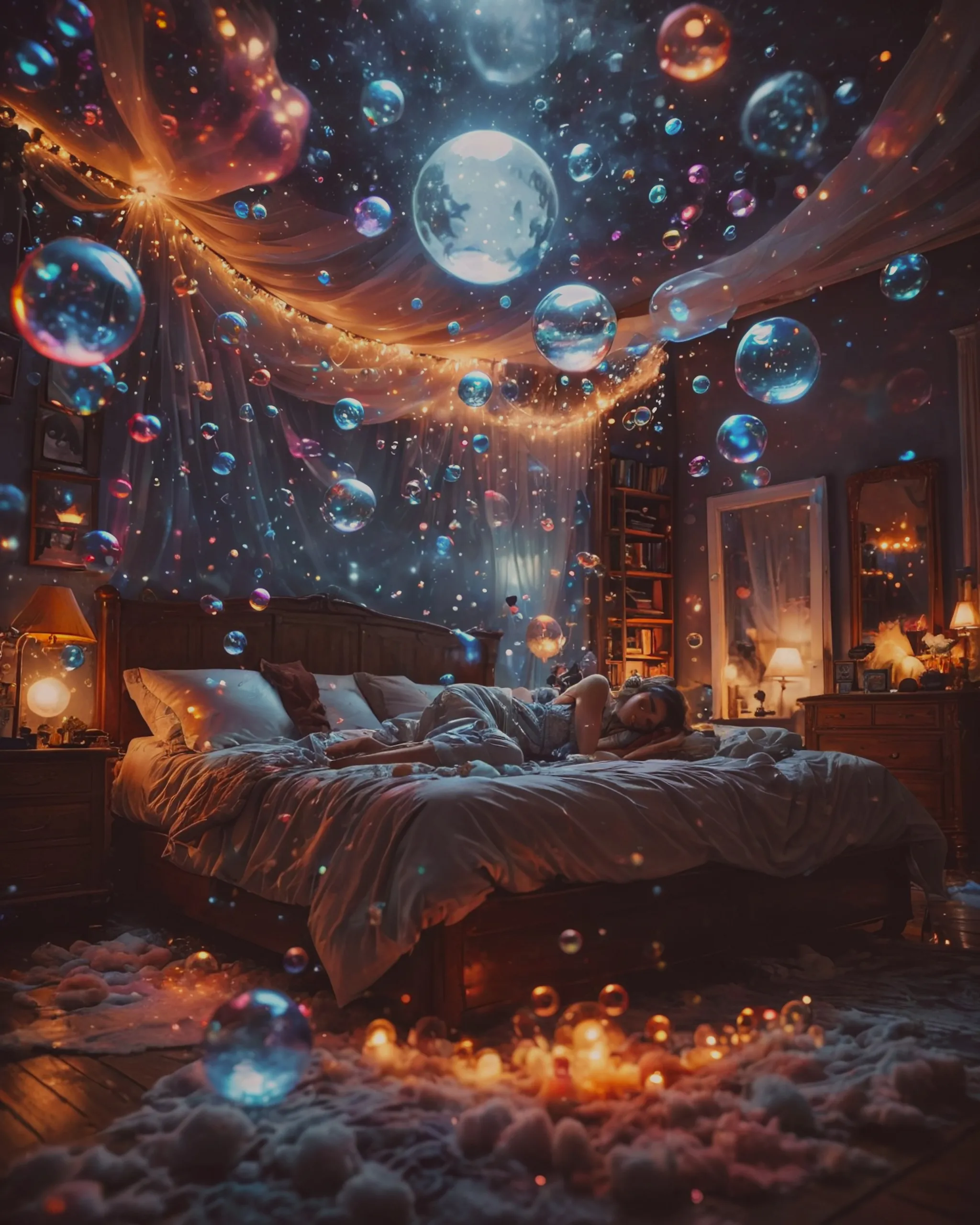 Woman sleeping in a bed, different fantasy dream bubbles floating around her bedroom, epic, 4k