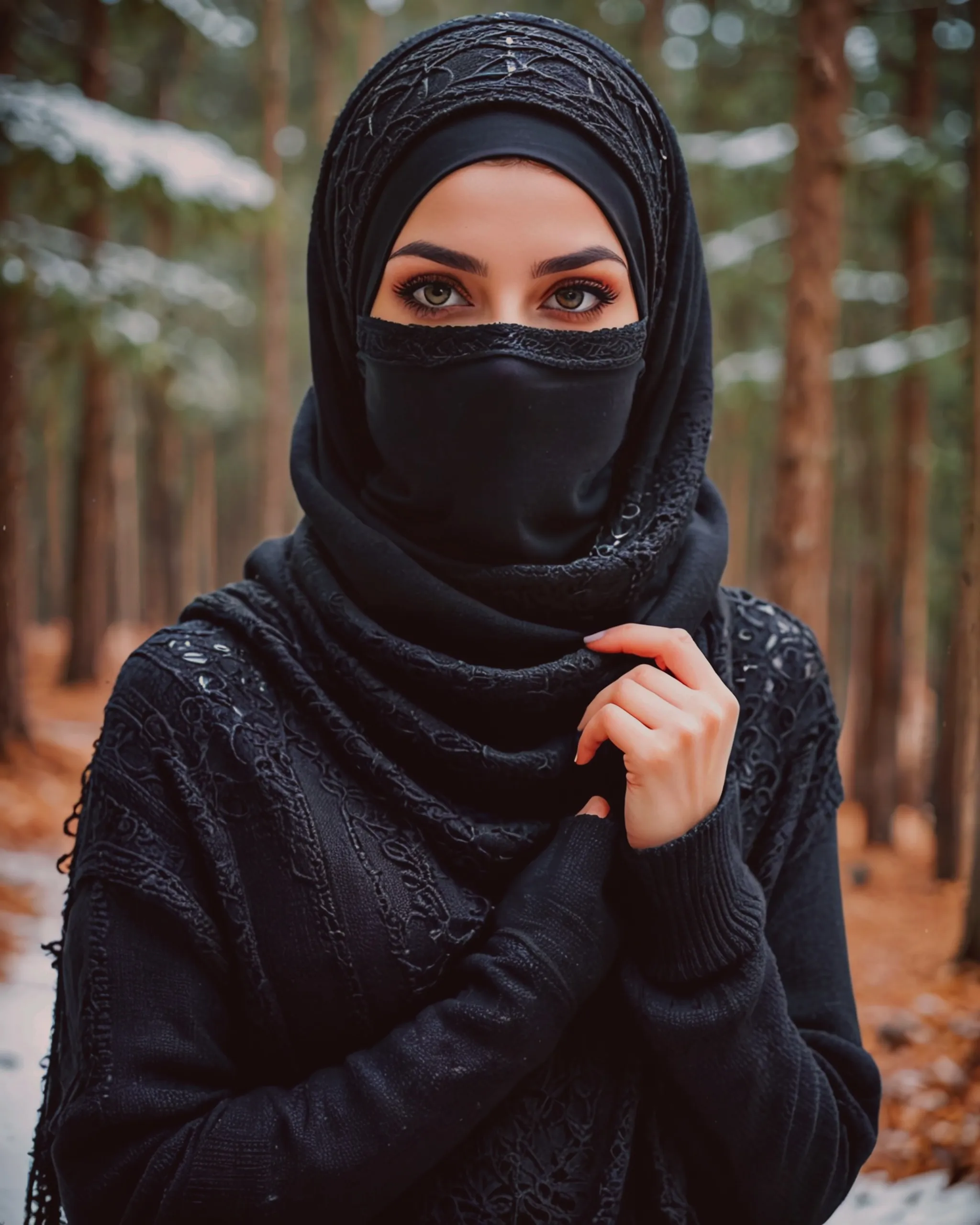 Beautiful girl wearing a black niqab over the head and covering the neck with gorgeous black keffiyeh scarf and wearing a beautiful black woolen sweater for the winter 