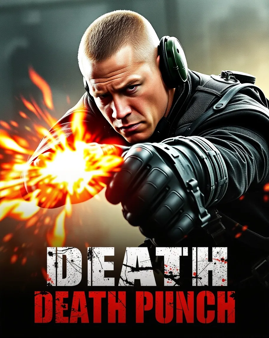 Action Movie Poster. The Name of the Movie is "Death Punch" 
A John Cena Wearing Tactical Suit and Equipment Throwing a Solid Punch in the Face of His Enemy.