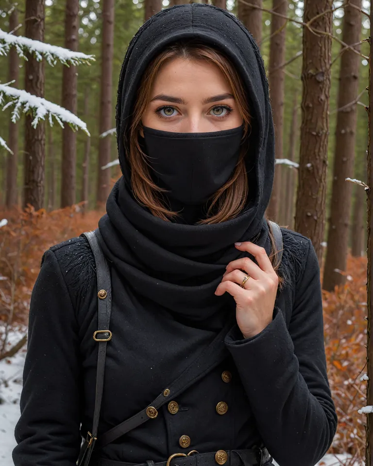 Beautiful girl wearing a black niqab over the head and covering the neck with gorgeous black keffiyeh scarf and wearing a beautiful black woolen sweater for the winter 