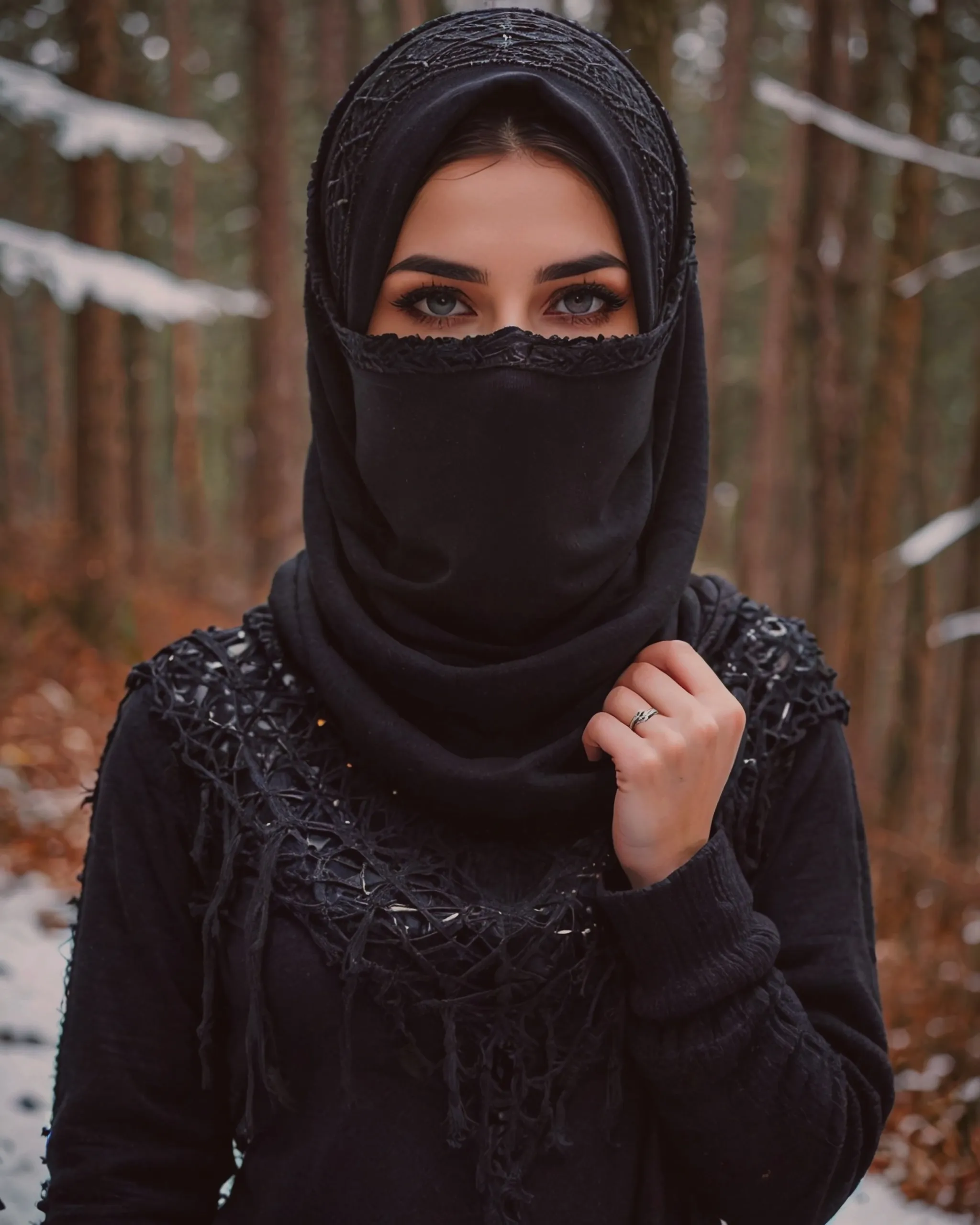 Beautiful girl wearing a black niqab over the head and covering the neck with gorgeous black keffiyeh scarf and wearing a beautiful black woolen sweater for the winter 