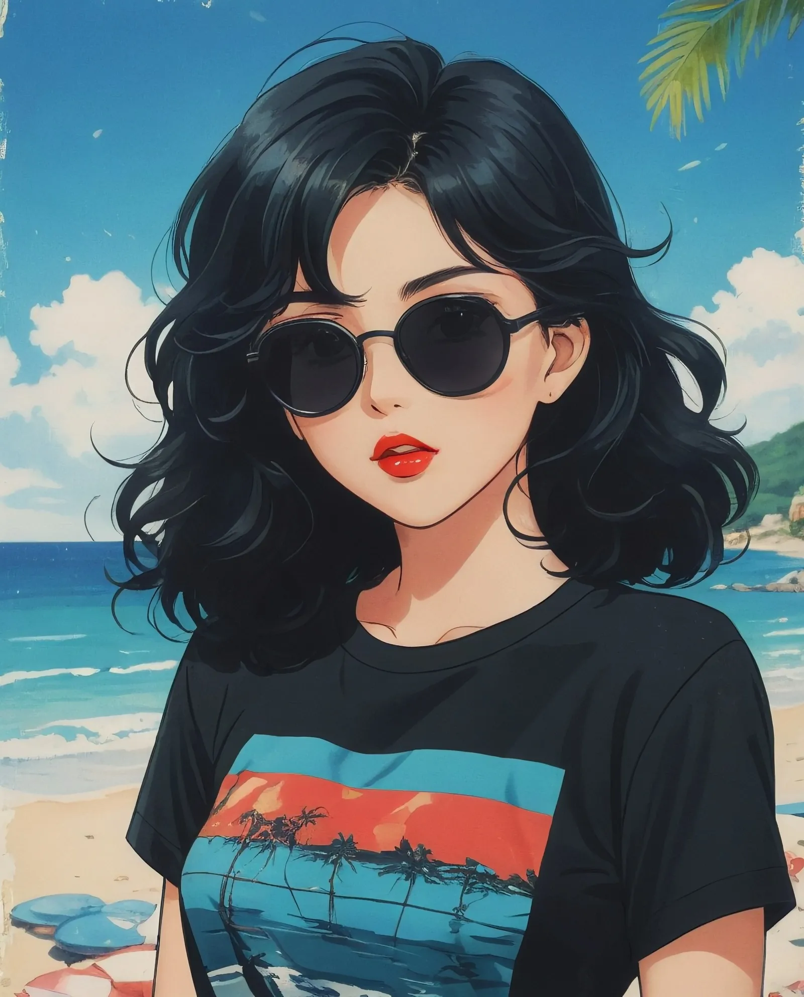 A pretty girl with long curly black hair, a pair of bold red lips, she was wearing black sunglasses and oversized T-shirt, summer beach as the background, perfect composition