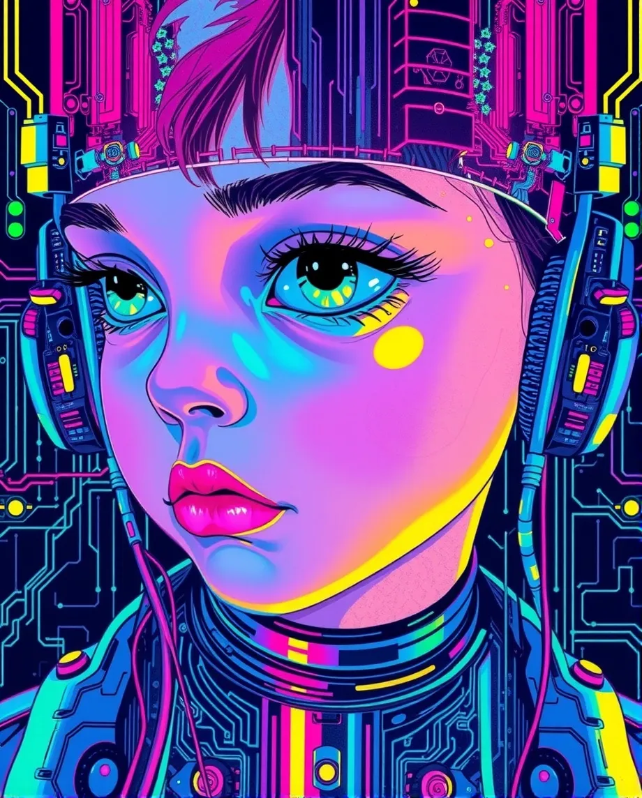 Cyber baby-face, circuitry, cyberpunk, super colourful pop-art poster, psychedelic colours, screen printed, vibe, close up, Scifi, decay, futuristic, pensive, realistic, alternative street art, cinematic, poster style, graphic novel cover 