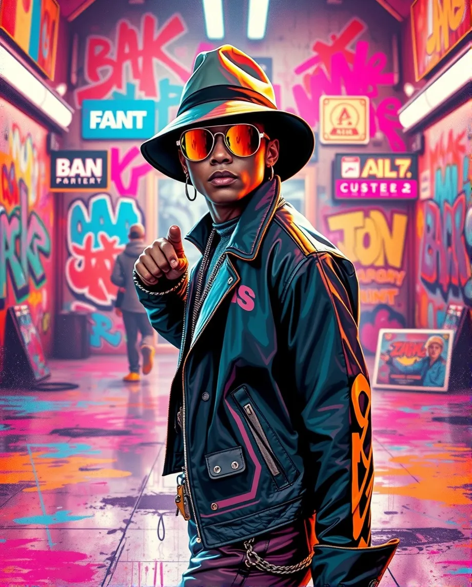 Cyber hip-hop dancer, electric boogaloo, cyberpunk, super colourful pop-art poster, psychedelic colours, screen printed, neon graffiti backdrop, vibe, close up, Scifi, decay, futuristic, pensive, realistic, alternative street art, cinematic, poster style, graphic novel cover 