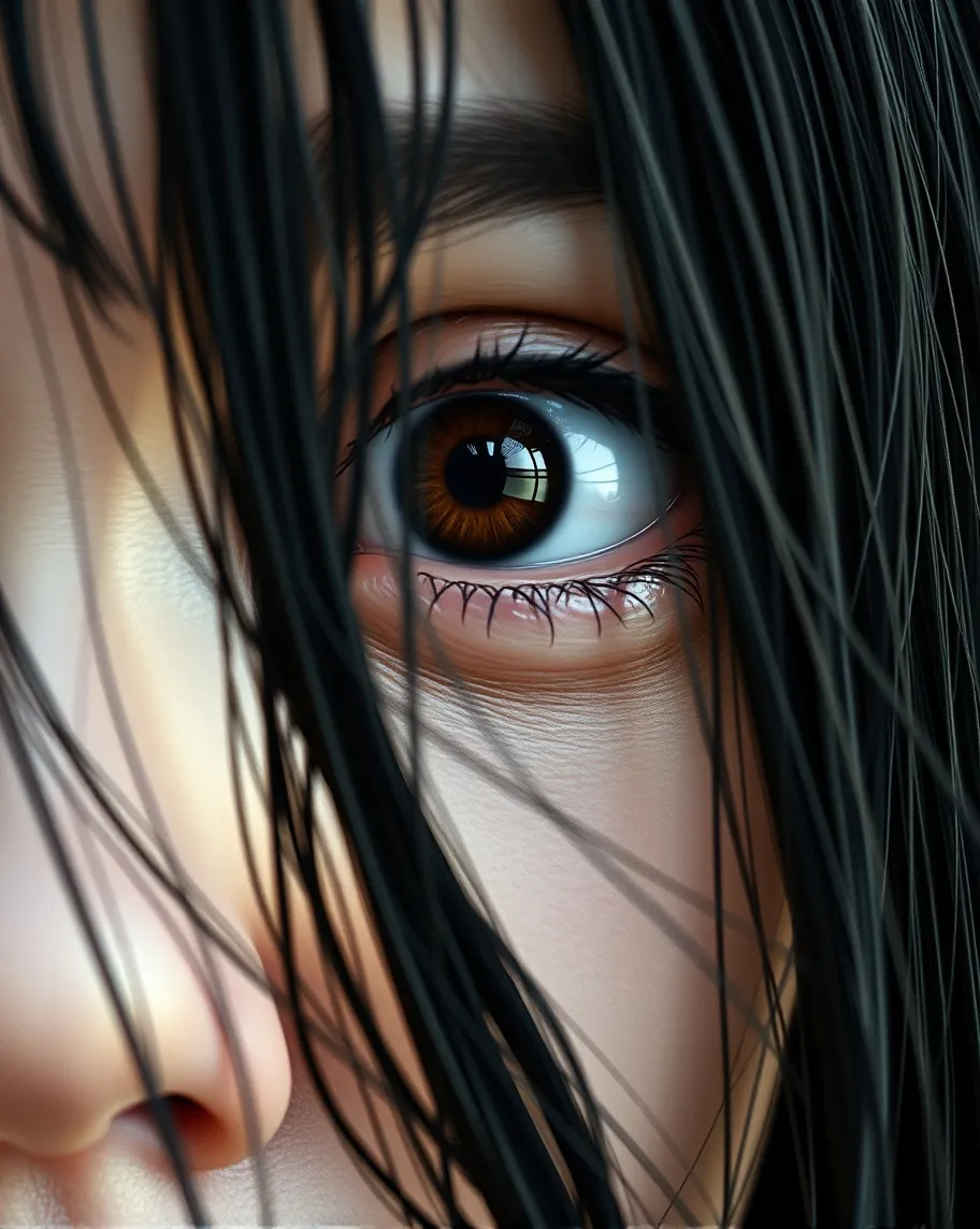 A wide open eye partially hidden behind lank wet black hair, terrifying, close up, a japanese woman, pale skin, unsettling, 16k, hyperrealism, dynamic, movement, sinister 