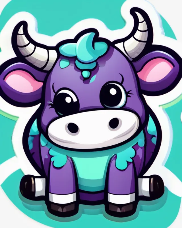 A cute purple cow with crazy spiral eyes and piercings in it horns. The background should be small white spirals on a solid aqua colour