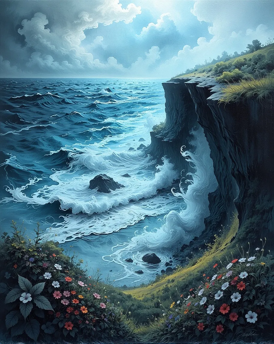 Silence by the raging sea, vibrant meadow, cliff side, detailed, oil painting