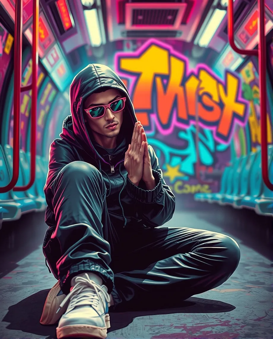 Cyber hip-hop dancer, sitting, praying, electric boogaloo, cyberpunk, subway, super colourful pop-art poster, psychedelic colours, screen printed, neon graffiti backdrop, vibe, close up, Scifi, decay, futuristic, pensive, realistic, alternative street art, cinematic, poster style, graphic novel cover 