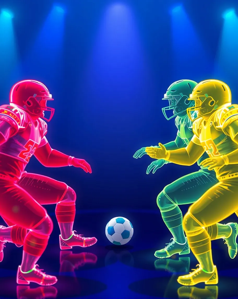 Two differently colored holographic teams playing a game against each other. 