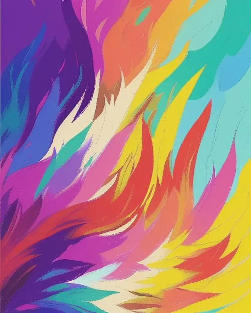 A cinematic poster artwork titled Resilience in Color, featuring a vibrant phoenix rising from a swirling burst of colorful paint, each feather shimmering in radiant hues. The background transitions from dark shadows to brilliant light, symbolizing strength and renewal, as splashes of vivid color burst with energy, with Fibonacci’s Ratio composition | soft pastel colors.