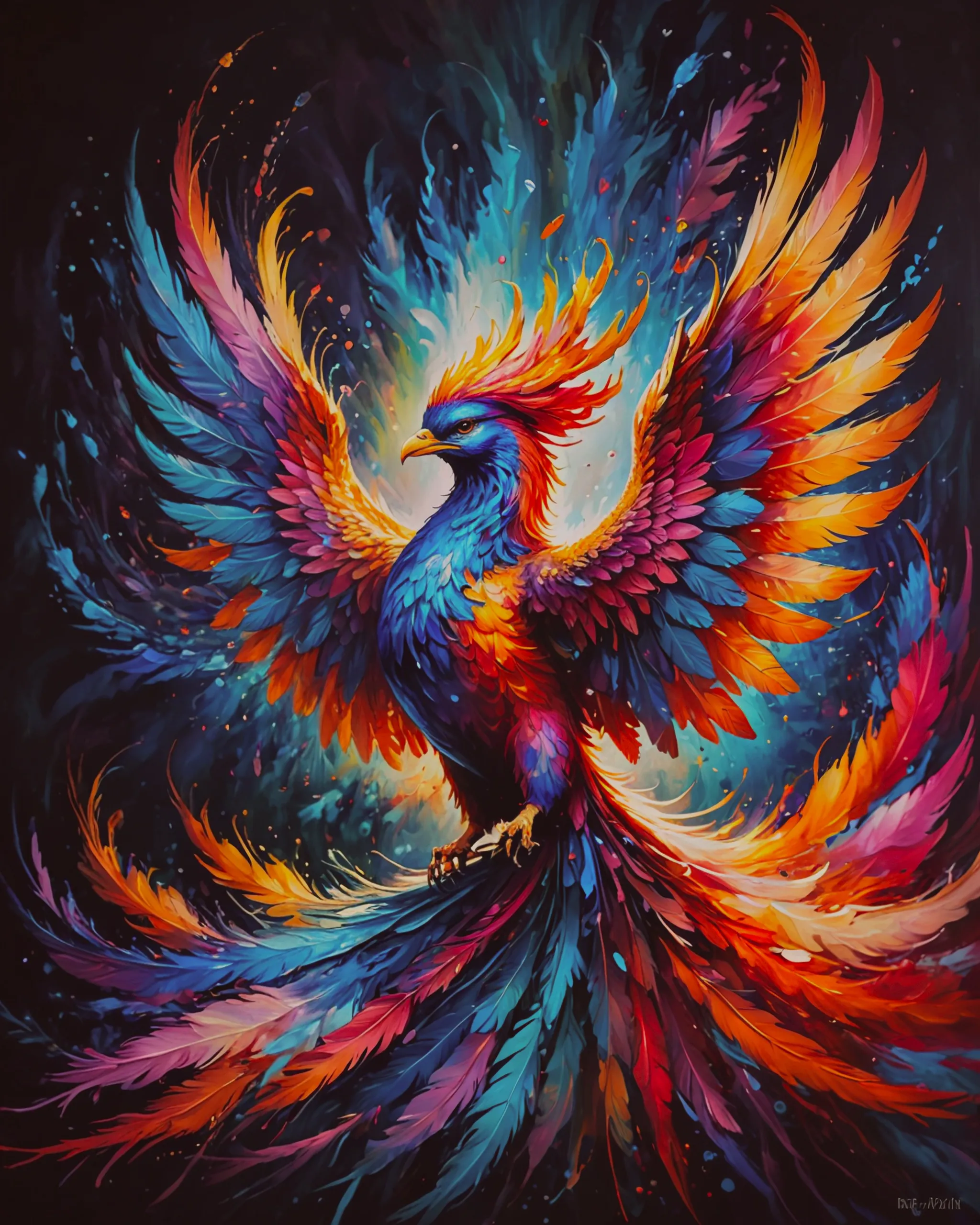 A cinematic poster artwork titled Resilience in Color, featuring a vibrant phoenix rising from a swirling burst of colorful paint, each feather shimmering in radiant hues. The background transitions from dark shadows to brilliant light, symbolizing strength and renewal, as splashes of vivid color burst with energy, with Fibonacci’s Ratio composition | soft pastel colors.