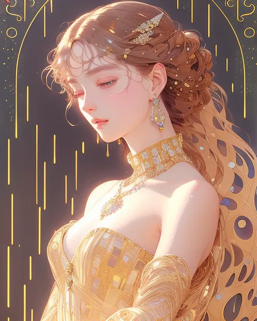 A painting capturing a graceful woman‘s elegance and timeless sophistication in the style of Gustav Klimt, long hair, dynamic pose