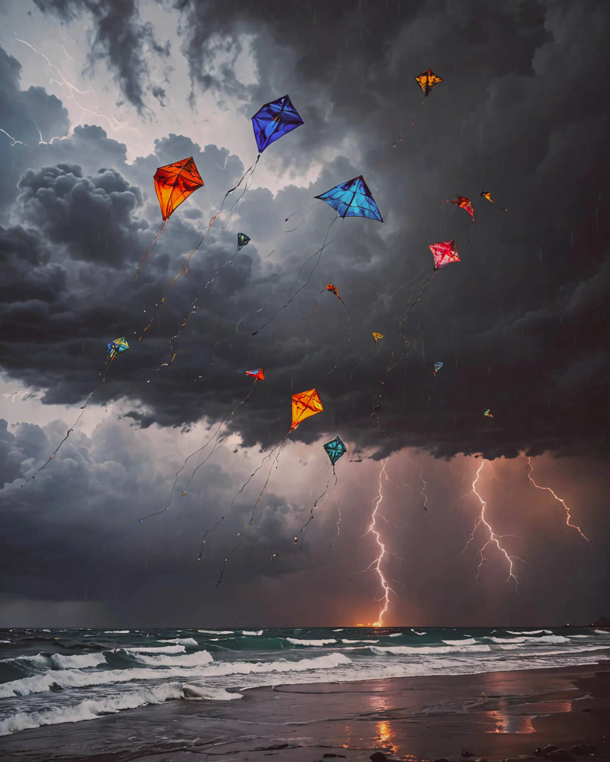 Colorful kites against a stormy sky that is turbulent and dark 