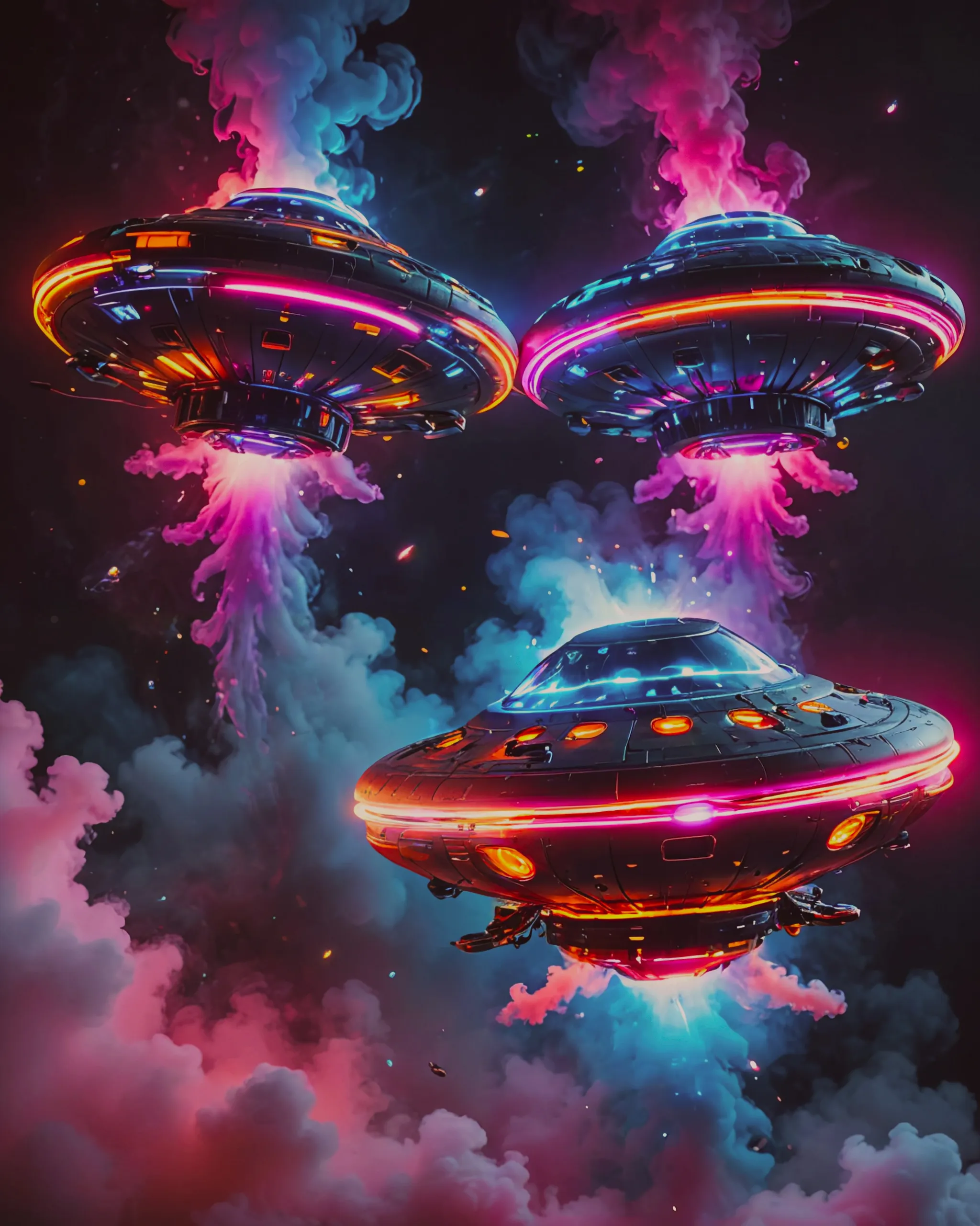 Ufos and aliens having a happy time. Ufo with a smiley face on it. 4K,8K, HD photography, ultrasharp, UHD, 32K, neon colours, smoke.