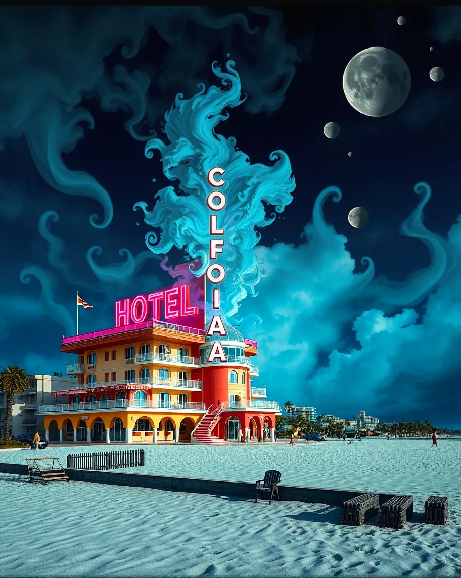 Twisted dreams, demonic, weird, ultra realistic. A meticulously crafted image of a colorful  HOTEL COLORFORNIA on the beach. 