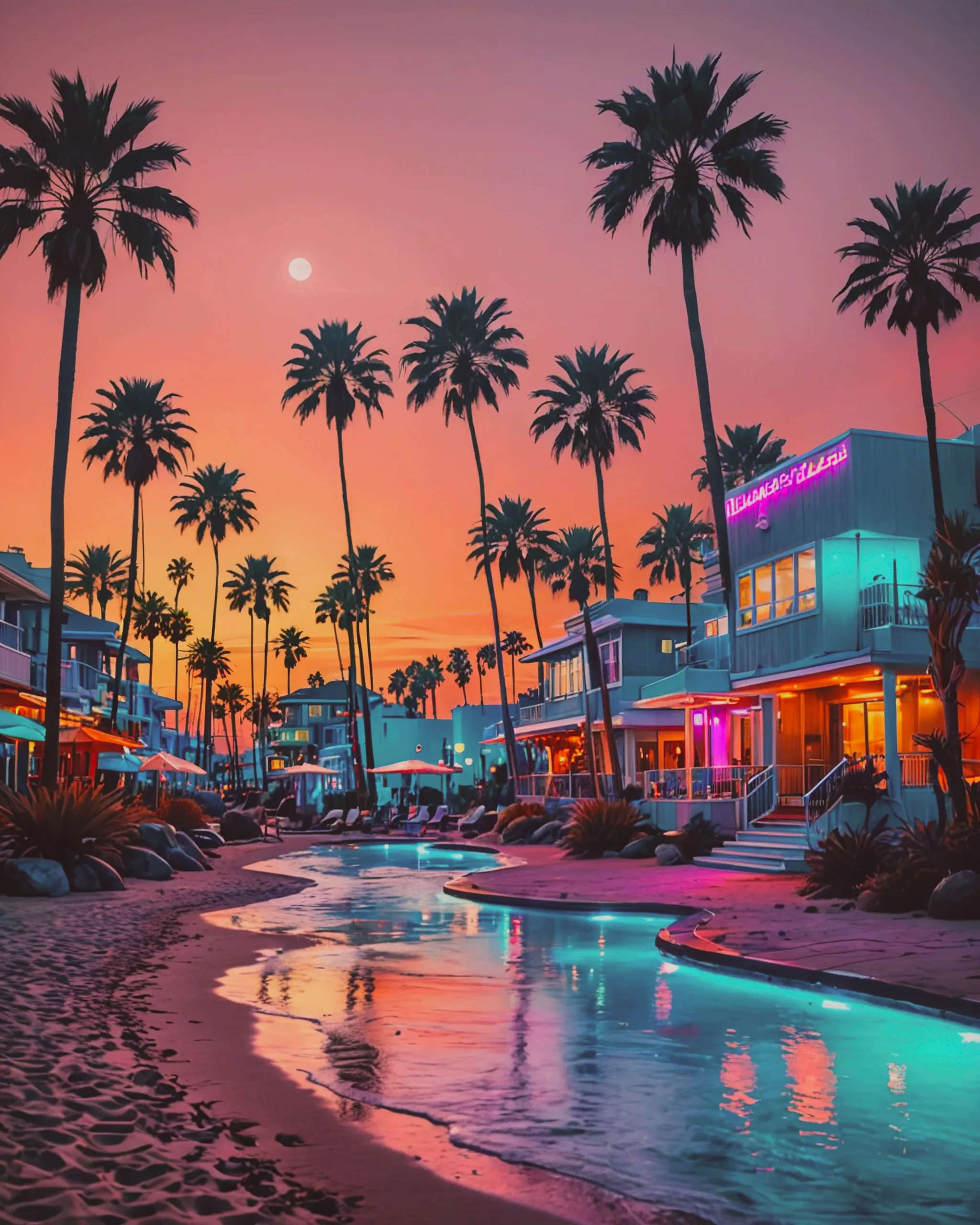 Generate an image of ‘Holet Colorfornia,’ a surreal beach with vibrant, pastel-colored sands in lavender, teal, and coral pink. Neon-hued palm trees line the shore, with turquoise waves and futuristic, pastel-toned buildings. The rolling hills in the background fade in a rainbow gradient, under a soft, dreamy sunset sky. The scene feels calm, warm, and otherworldly, like a whimsical California paradise.