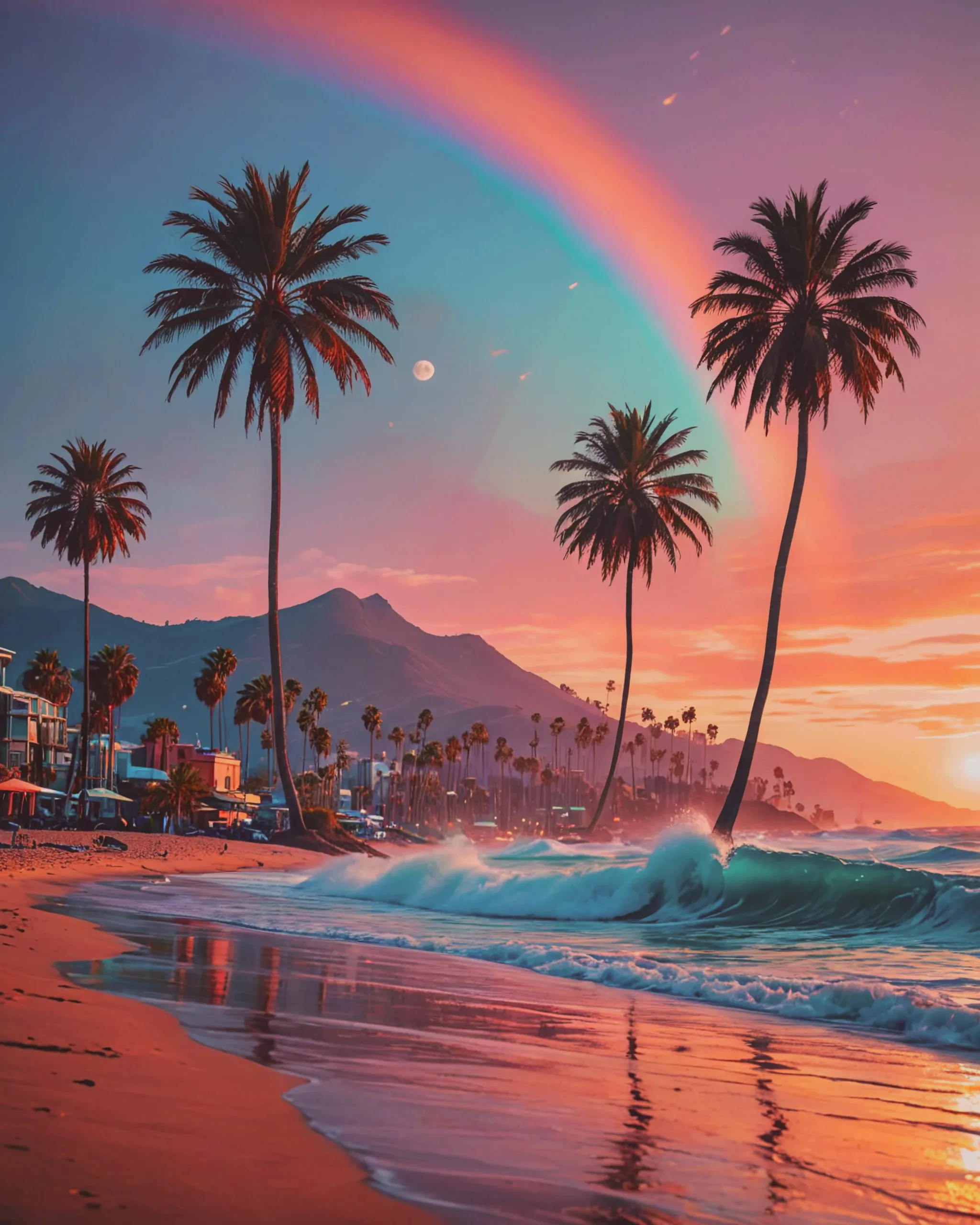 Generate an image of ‘Holet Colorfornia,’ a surreal beach with vibrant, pastel-colored sands in lavender, teal, and coral pink. Neon-hued palm trees line the shore, with turquoise waves and futuristic, pastel-toned buildings. The rolling hills in the background fade in a rainbow gradient, under a soft, dreamy sunset sky. The scene feels calm, warm, and otherworldly, like a whimsical California paradise.