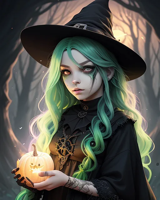 A young girl with green hair and witchy clothes