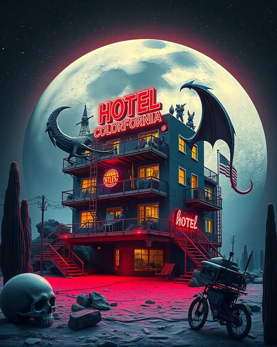 Twisted dreams, demonic, weird, ultra realistic. A meticulously crafted image of a colorful  HOTEL COLORFORNIA on the moon. 