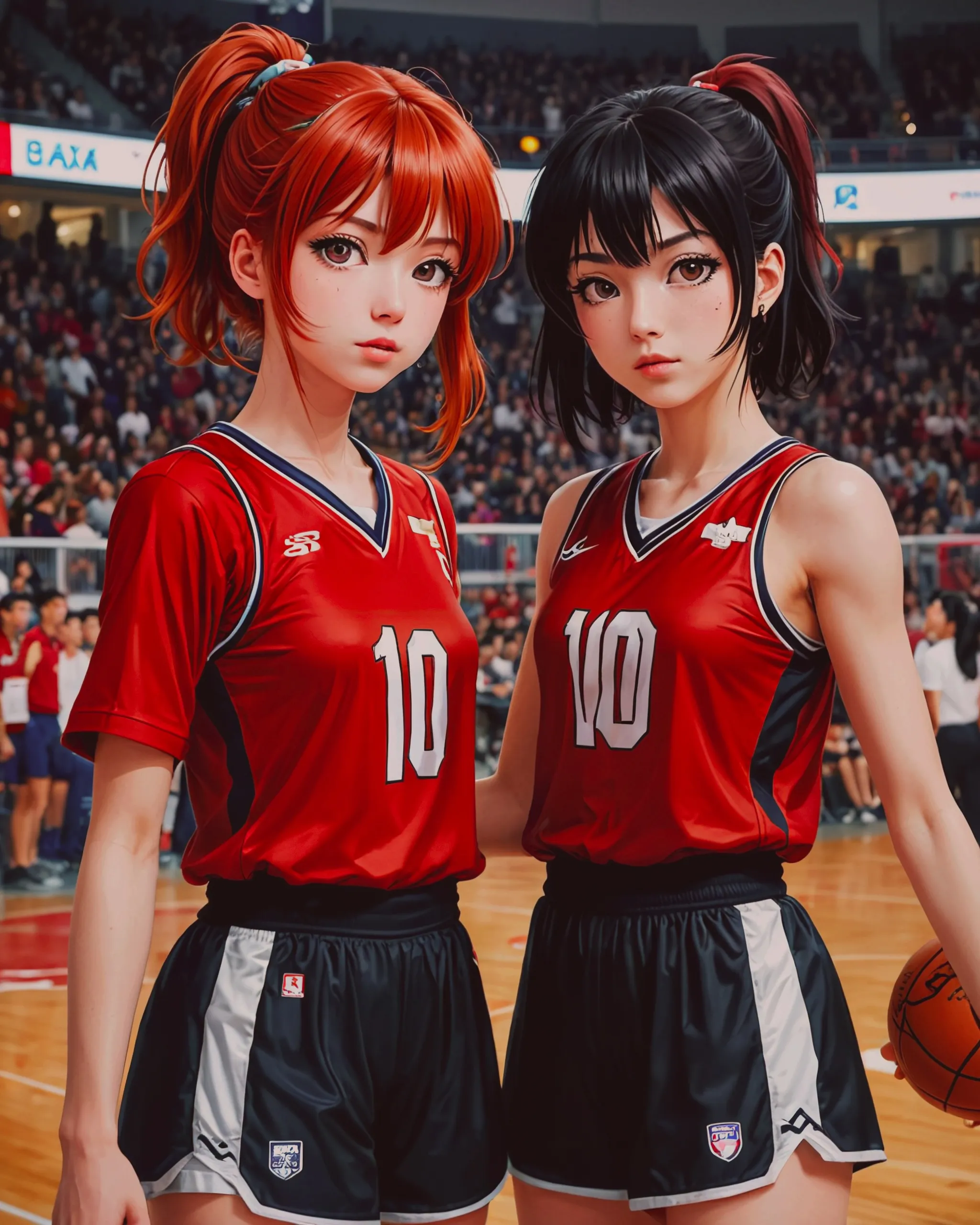 Two girls, anime couple fanart. Hanamichi Sakuragi and Kaede Rukawa from "Slam Dunk," with gender-swapped versions as two beautiful girls. They are of the same height, embracing each other, and looking at the camera in cel-shaded art style. One has red hair and the other has black hair, both wearing the red and black basketball uniforms of "Shohoku High School." The red-haired girl is wearing the number 10 jersey, and the black-haired girl is wearing the number 11 jersey, --ar 2:3 --v 6.1