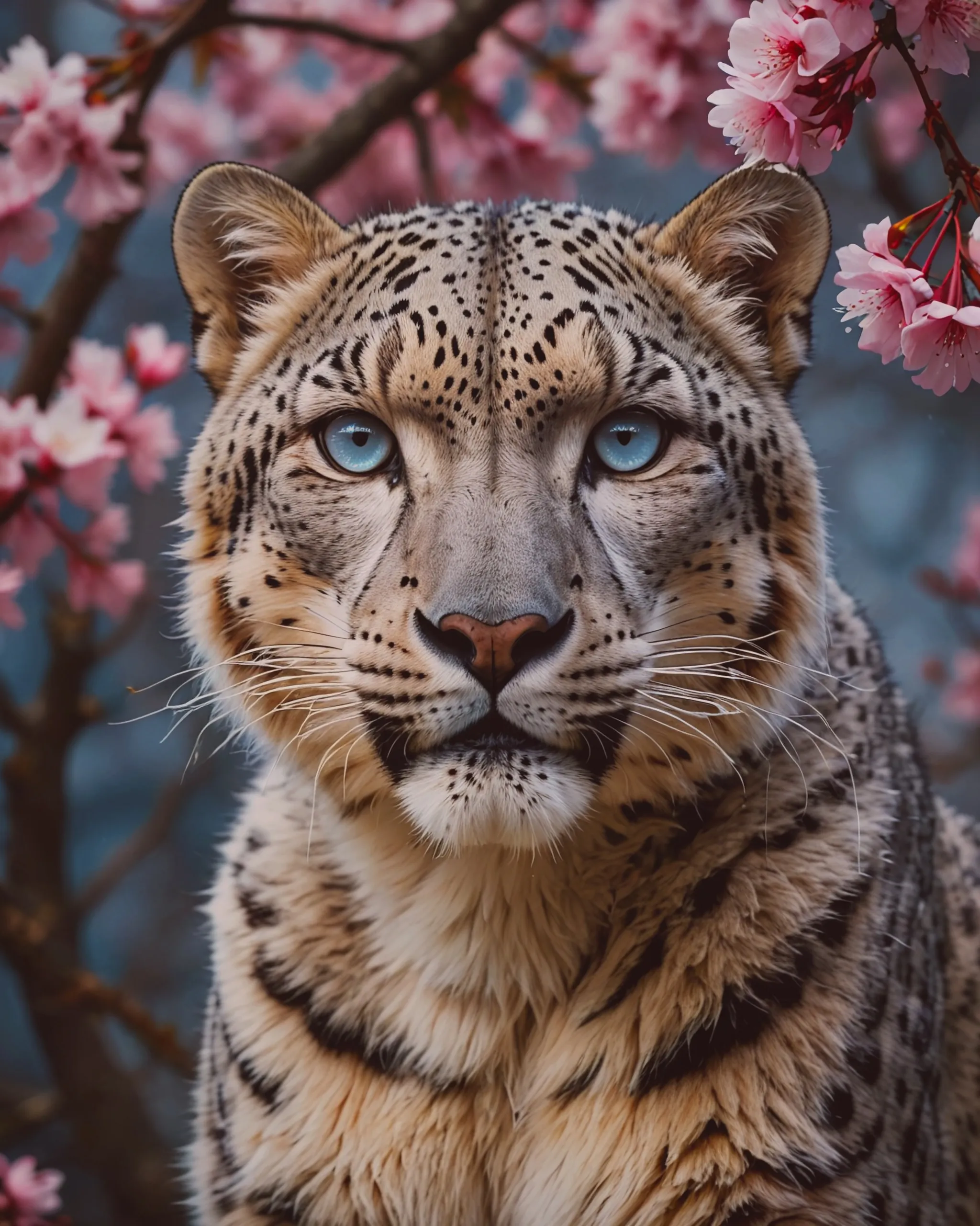 The snow-leopard, white-fur, blue eyes, bolsom cherry-trees in background, photo by Joel  Sartore, national geographic photo, wild nature animal, natural palette colors 