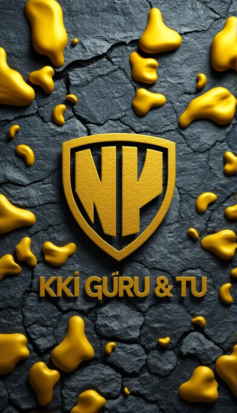 A highly detailed digital artwork featuring the iconic Batman logo in gold. The '' NV GURU & TU '' shield is prominently displayed on a textured stone background with cracks and golden liquid splashes around it, giving a dynamic and powerful effect. The word " KKI GURU & TU '' is inscribed in bold letters below the logo. The overall color scheme is dominated by gold, black, and shades of grey. The artwork exudes strength and heroism.