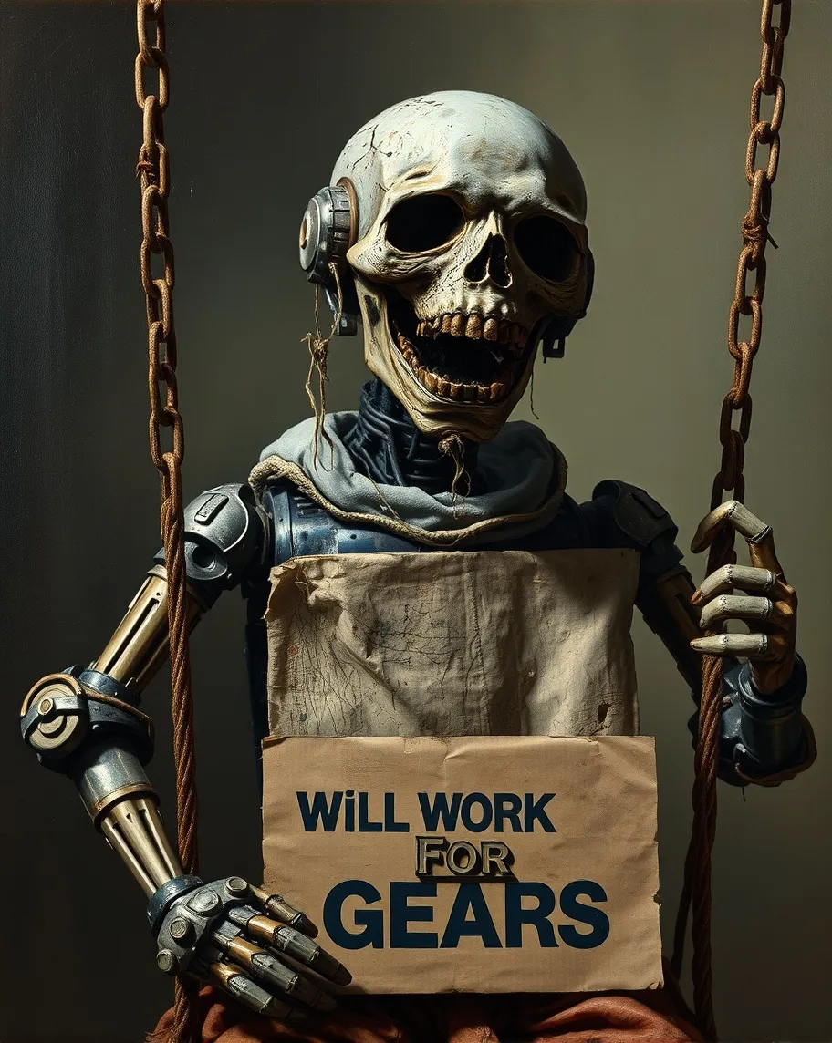 high relief trompe l'oeil(((Combat mecha cyborg puppet with decayed skin and wearing tattered rags is holding a cardboard sign that says "Will Work For Gears" Baroque, dramatic contrasts between light and dark, emotional intensity, soft edges, oil on canvas, body horror baroque, realism, chiaroscuro, Dutch Golden Age, visceral macro view, by Basil Wolverton The momentum of the swing  continues to unfold for the viewer long into the future)))sharp focus, immersive,cadavre equis technique simultaneous triadic color contrasting,  quadratura effect