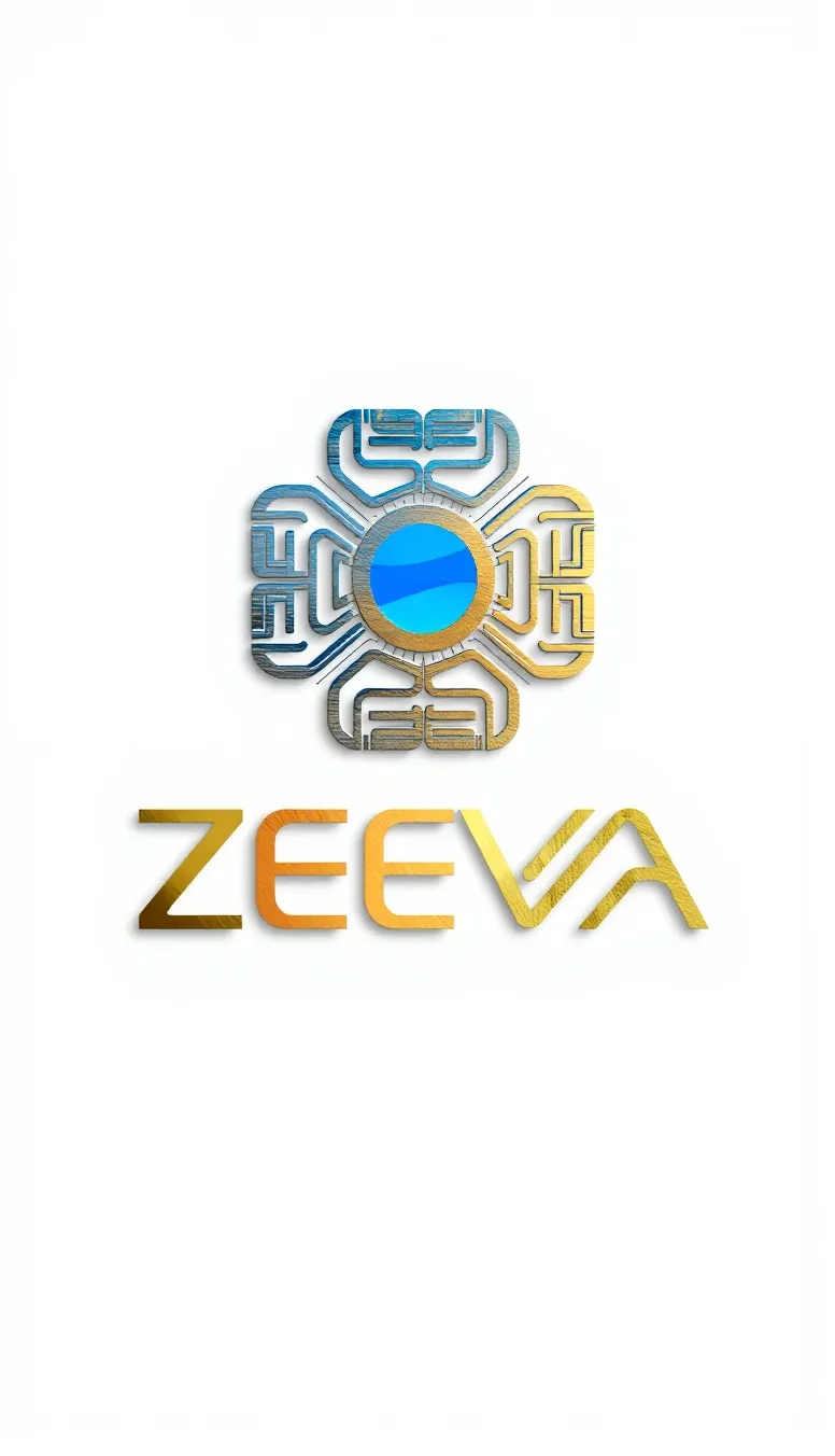 A photorealistic 3D logo for the luxury brand Zeeva Tech Hub. The logo is square-shaped and has a white background. The logo contains a high-tech symbol, which is blue and gold, with a bit of wine colour. Below the symbol, the text 'ZEEVA' is written in golden bold, modern typography. Below the 'ZEEVA' text, the text 'TECH HUB' is also written in golden colour in smaller text.