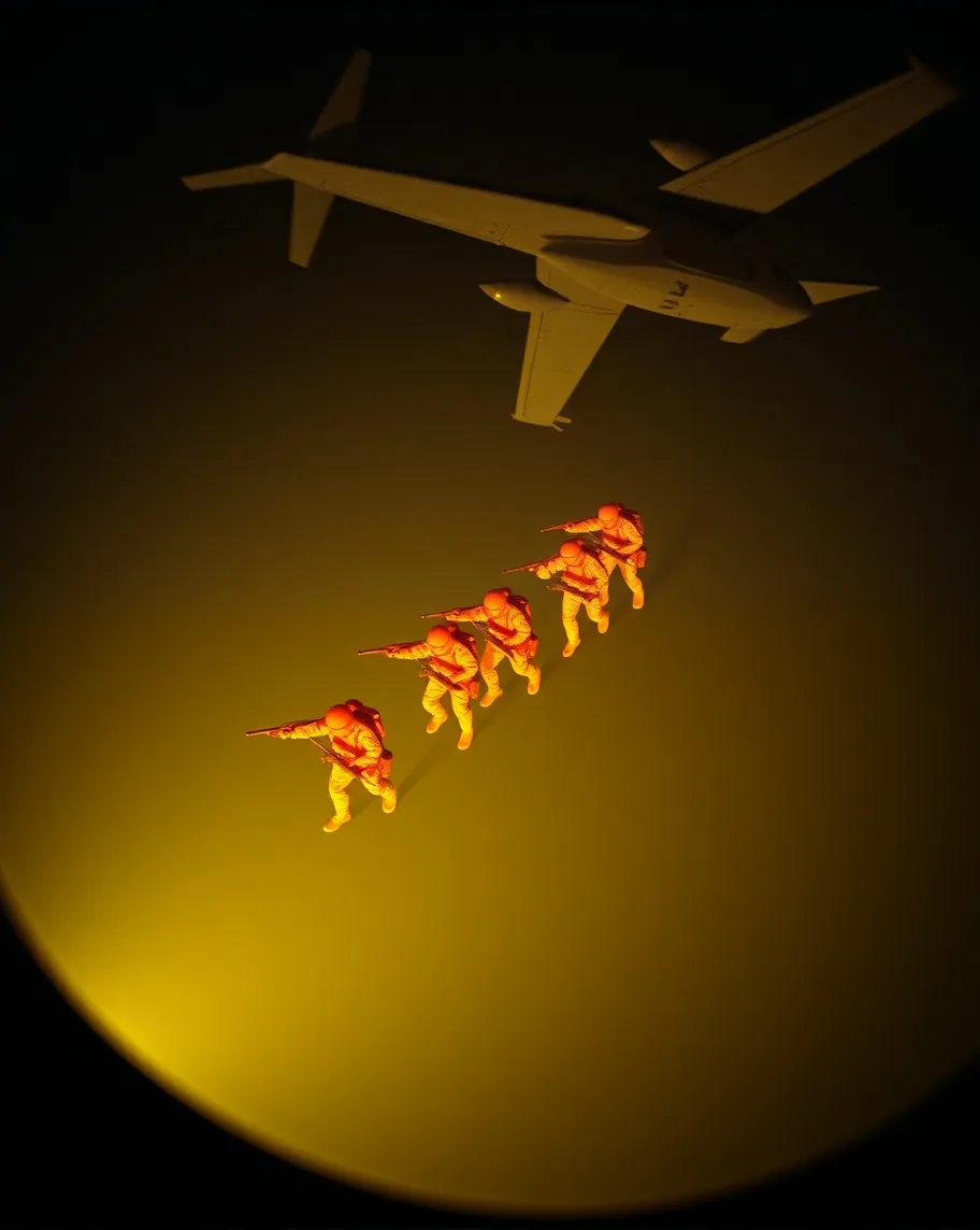 Night vision, thermal camera, aerial view, soldiers in formation