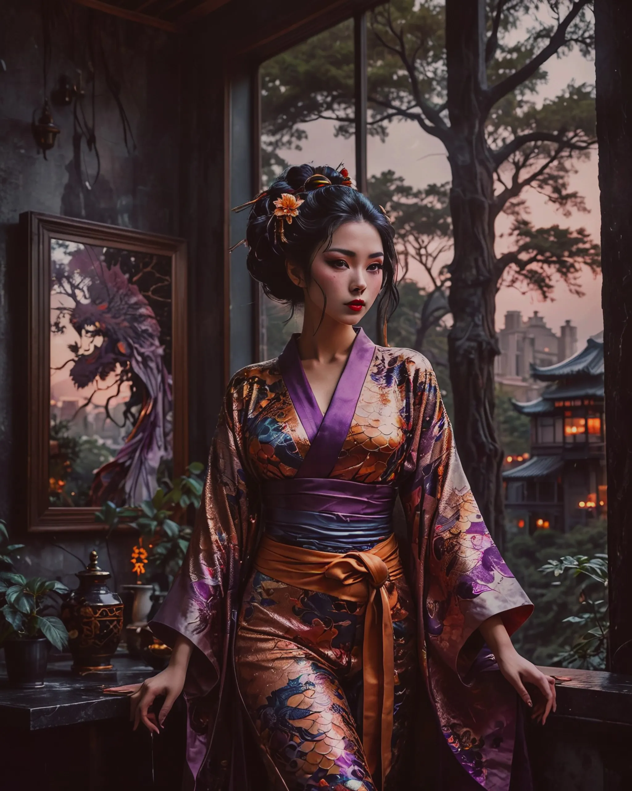 geisha, wearing a dragon themed kimono, Green, Purple, Tan, Brown, Black, Dark Fantasy,