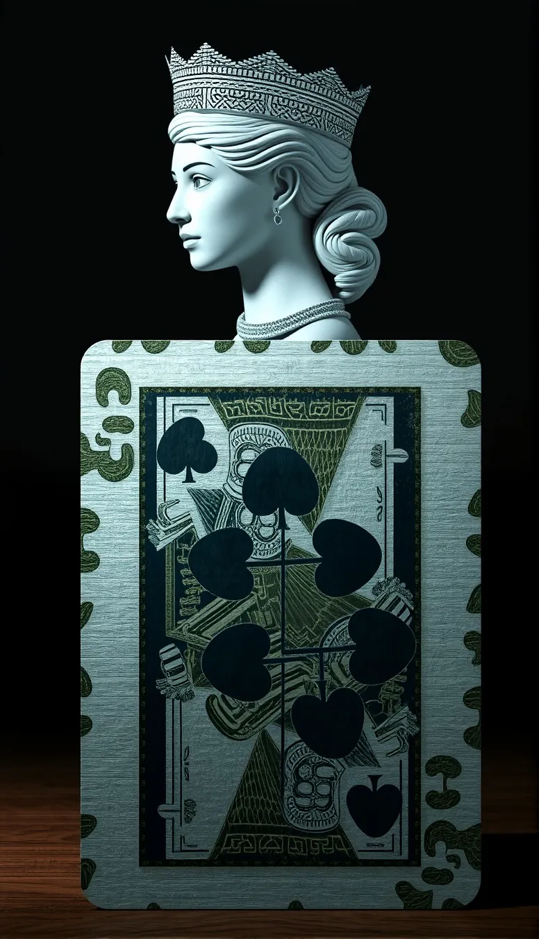 A stunning 3D side portrait of a queen of clubs stepping out of a vintage playing card, with the card revealed halfway, creating a sense of fluidity and speed. The queen's super-high-detailed face is illuminated by dynamic lighting, while the dark background adds depth to the composition. The artwork is a masterpiece, combining 3D effects, volumetric lighting, and a hologram-like appearance. The intricate features of the queen are accompanied by light pastel colors and watercolor-like textures on vintage watercolor paper. Catch lights and dynamic light composition further enhance the scene,