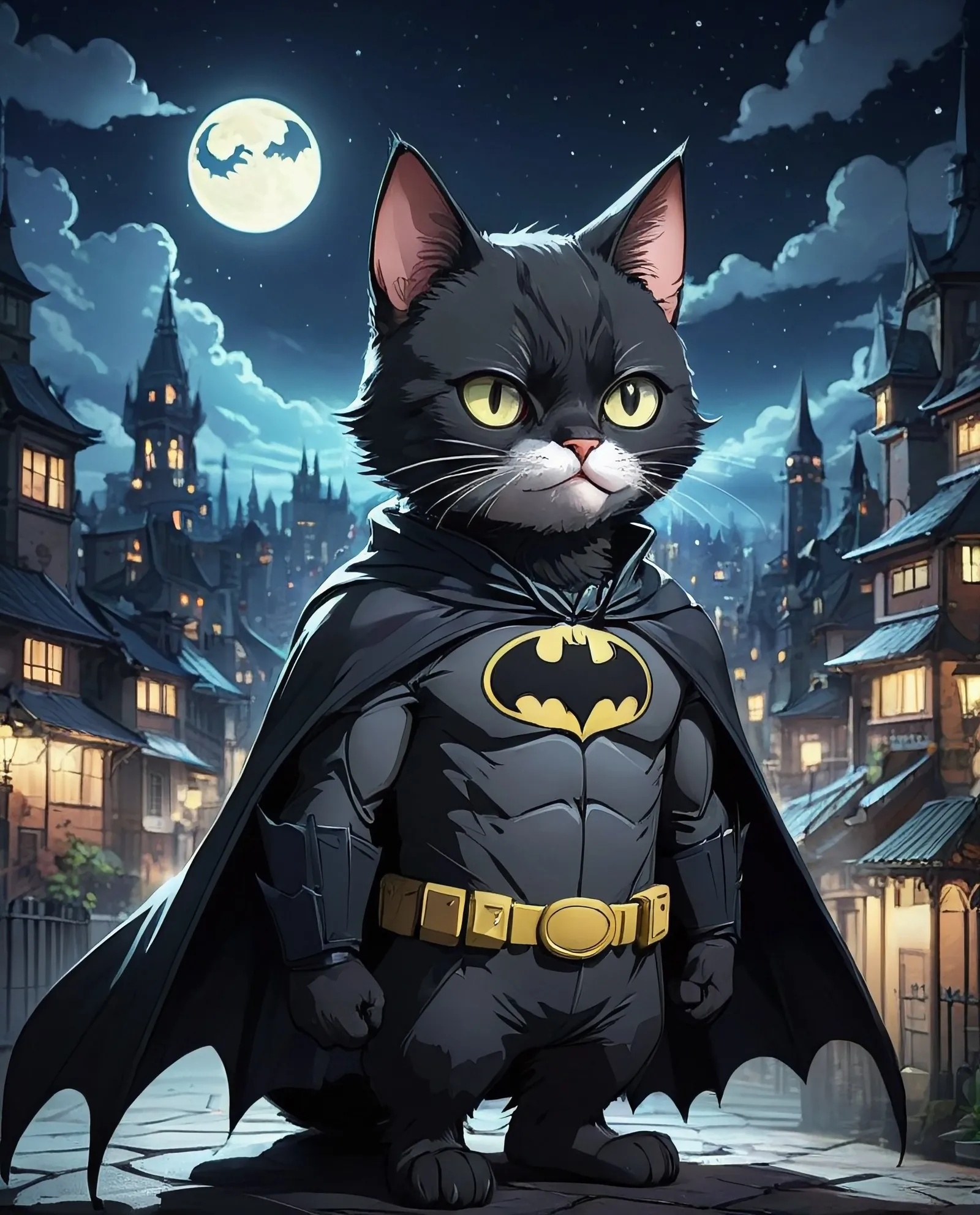 Cat Batman costume at night - Free AI Photo Generator - starryai