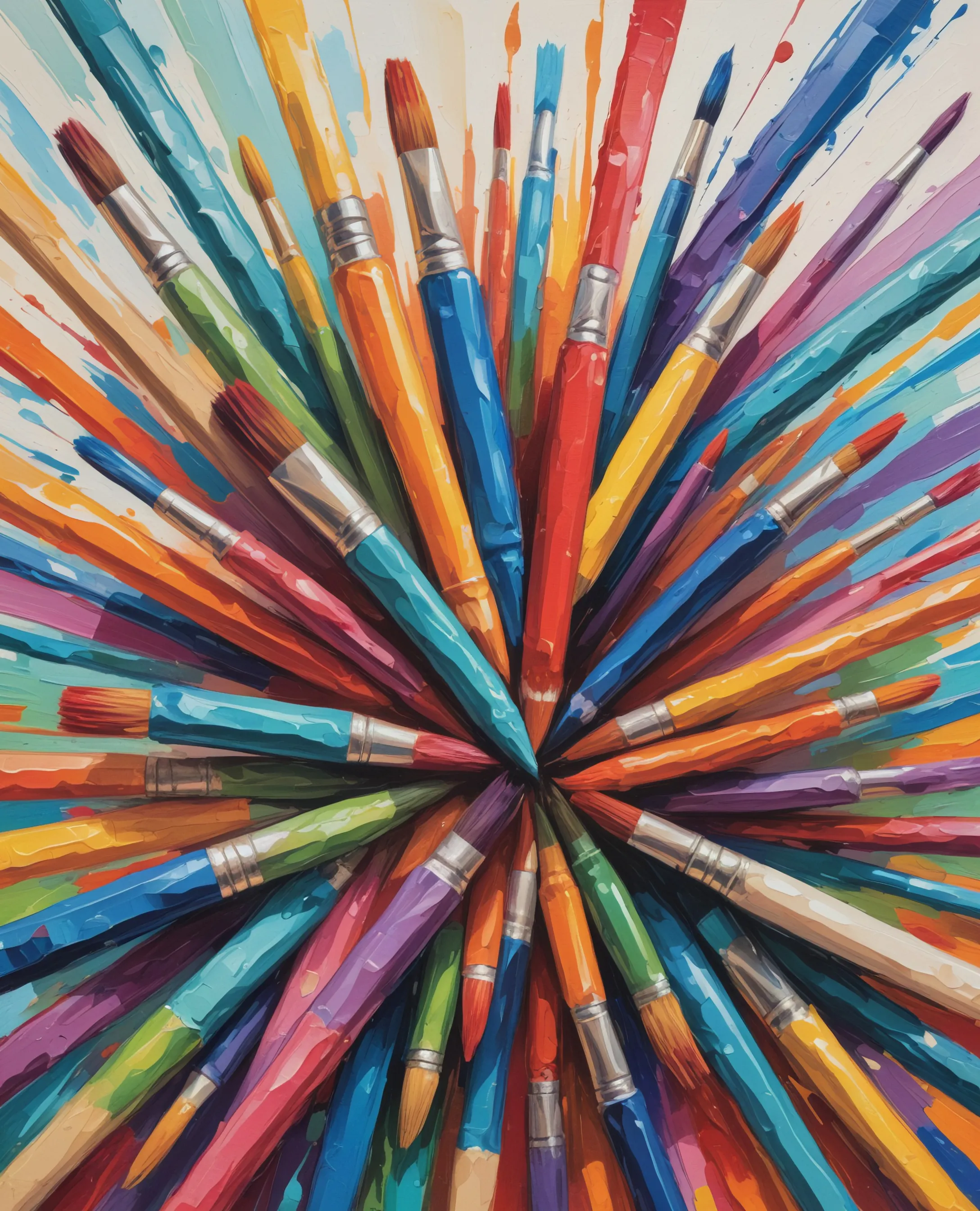 An abstract illustration of a paintbrush with colorful bristles overlapped by another paintbrush that is overlapped by yet another paintbrush. Vibrant colors