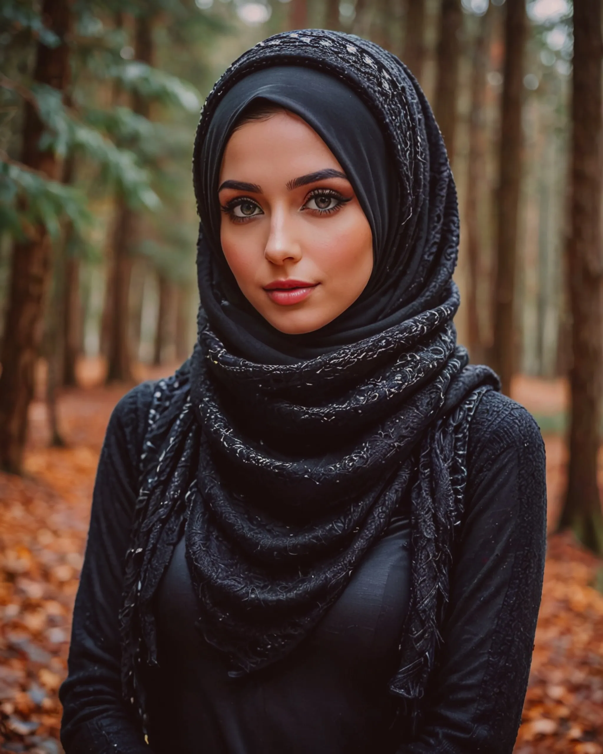 Beautiful girl wearing a black hijab over the head and covering the neck with gorgeous black keffiyeh scarf and wearing a beautiful black woolen sweater for the winter 