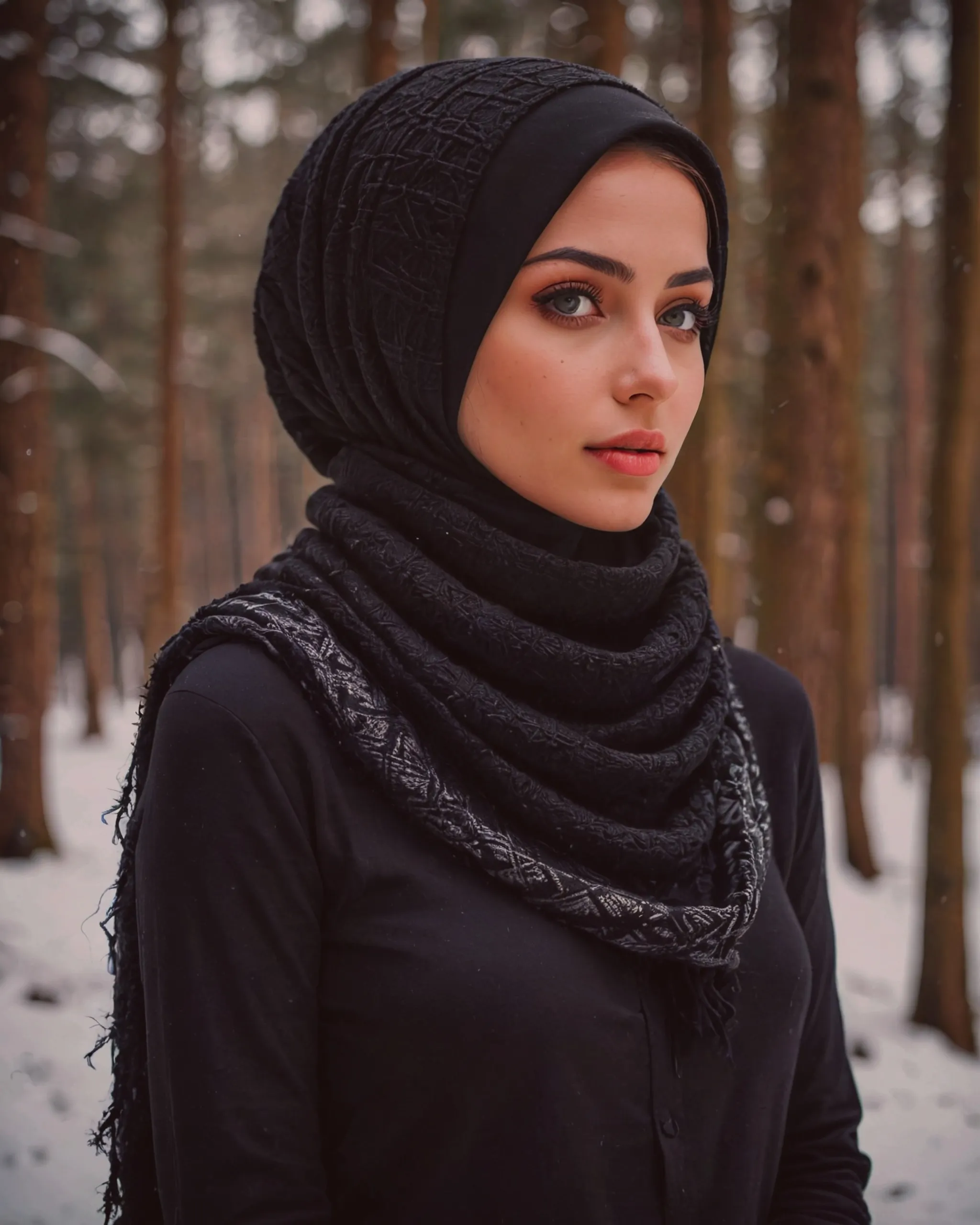 Beautiful girl wearing a black hijab over the head and covering the neck with gorgeous black keffiyeh scarf and wearing a beautiful black woolen sweater for the winter 