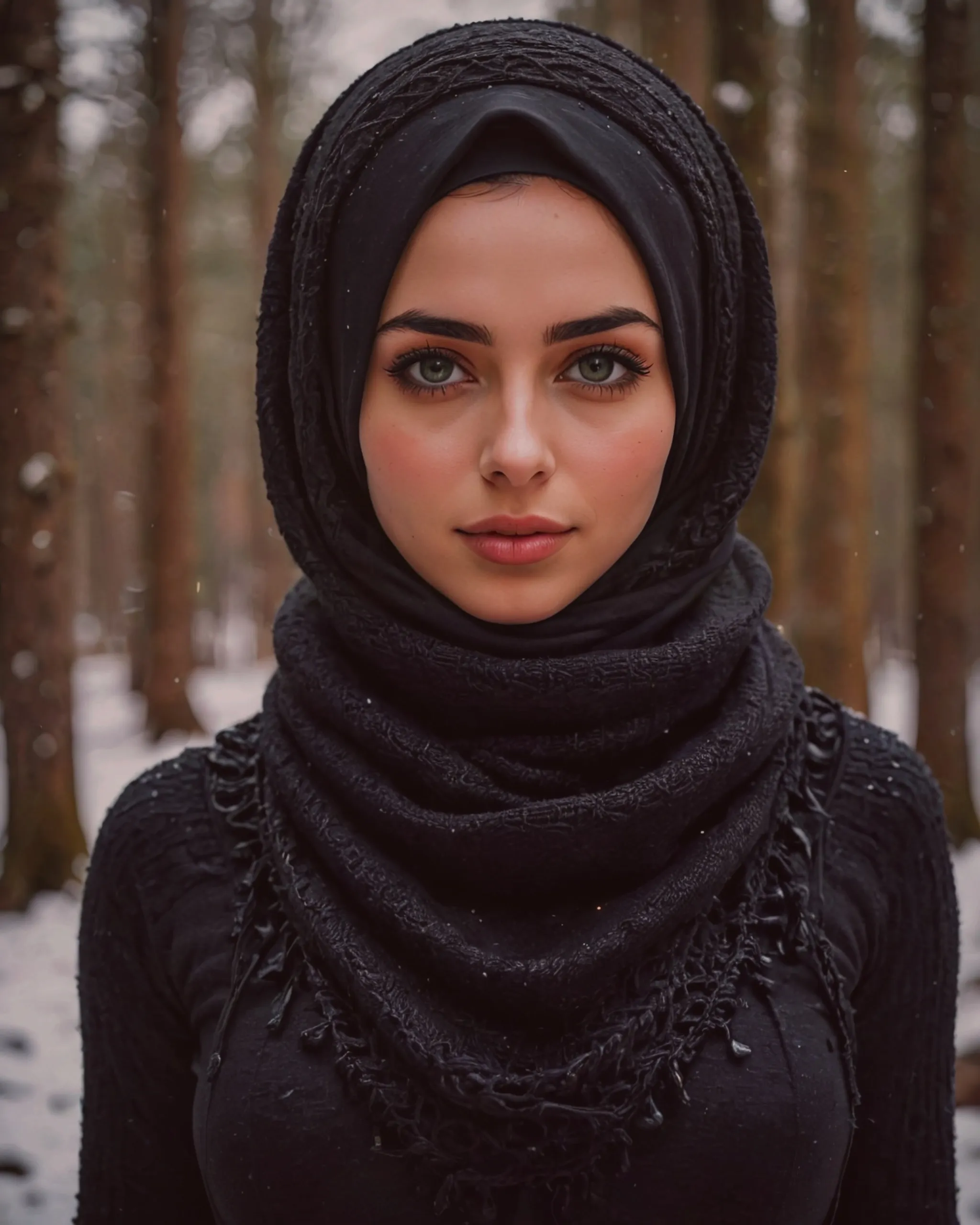 Beautiful girl wearing a black hijab over the head and covering the neck with gorgeous black keffiyeh scarf and wearing a beautiful black woolen sweater for the winter 