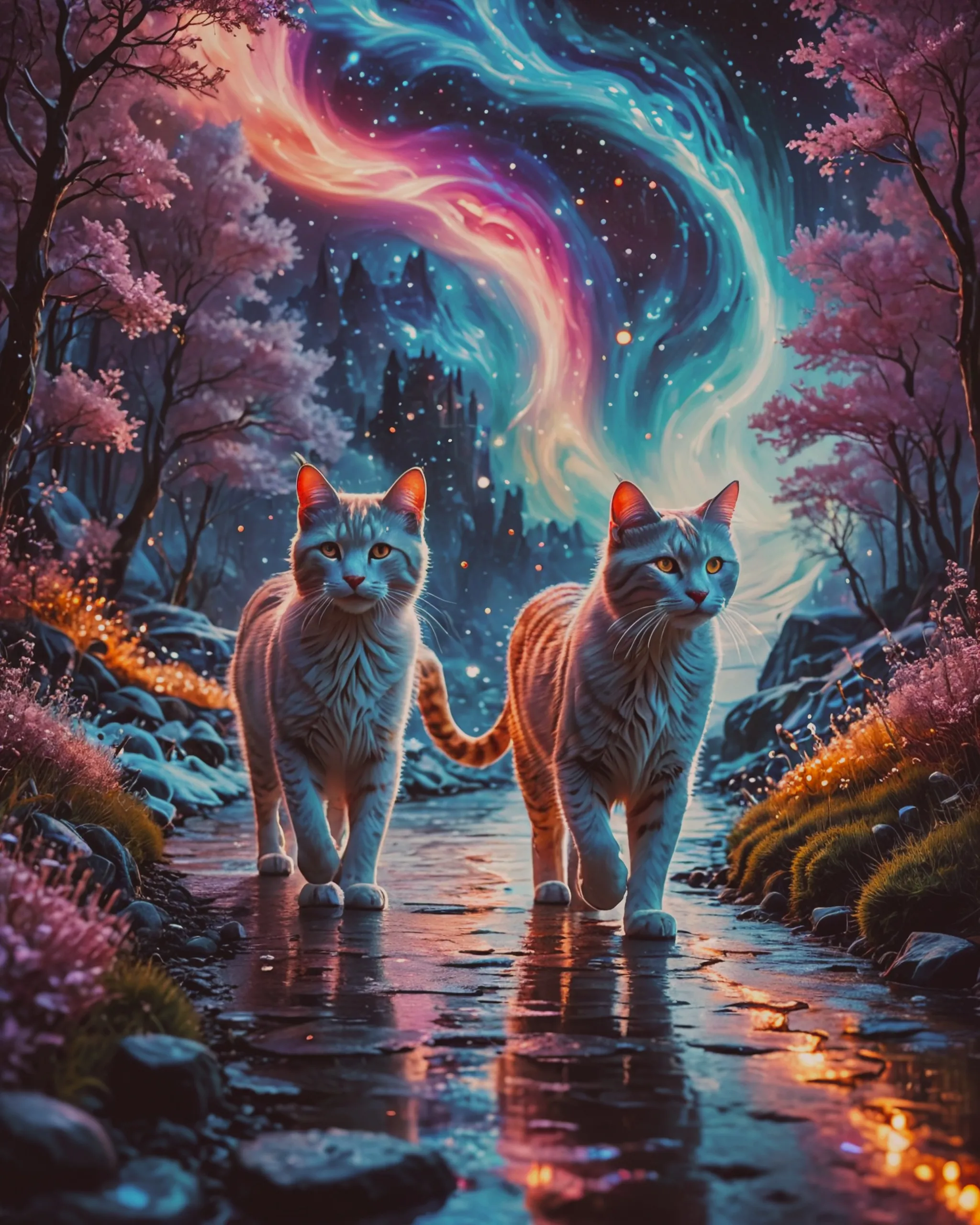 Two mystical neon cats walking down an ethereal pathway.