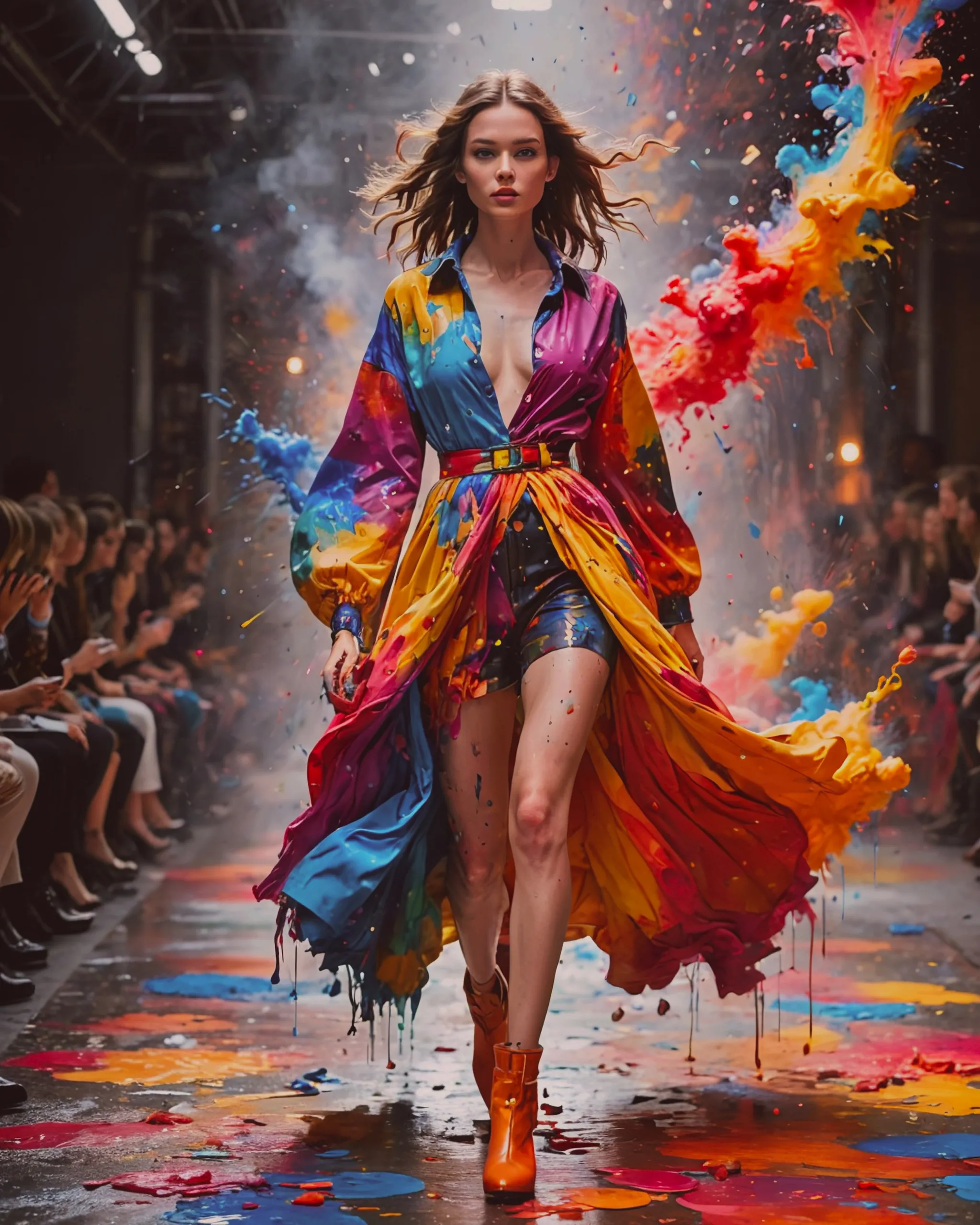 Model walks down a fashion runway splattering paint everywhere from the garments