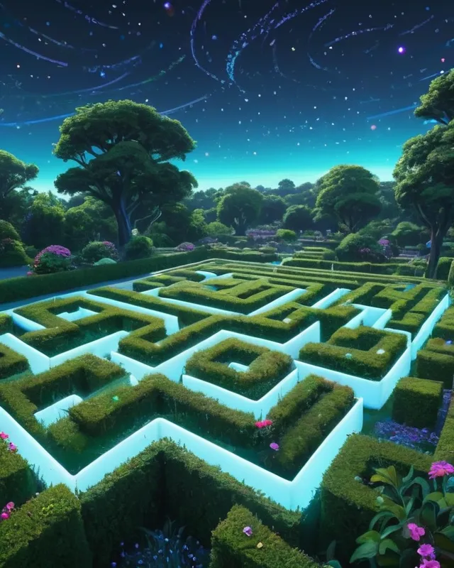 A garden maze in the sky covered in glowing stars,  extreme detail,  digital art,  4k,  ultra hd,  detailed,  vibrant,  sharp focus,  wlop,  artgerm,  kuvshinov, beautiful fantasy landscape,  realistic and natural,  cosmic sky,  detailed full-color,  nature,  hd photography,  elements by nasa,  magical,  detailed,  gloss,  hyperrealism, trending on artstation, cryengine